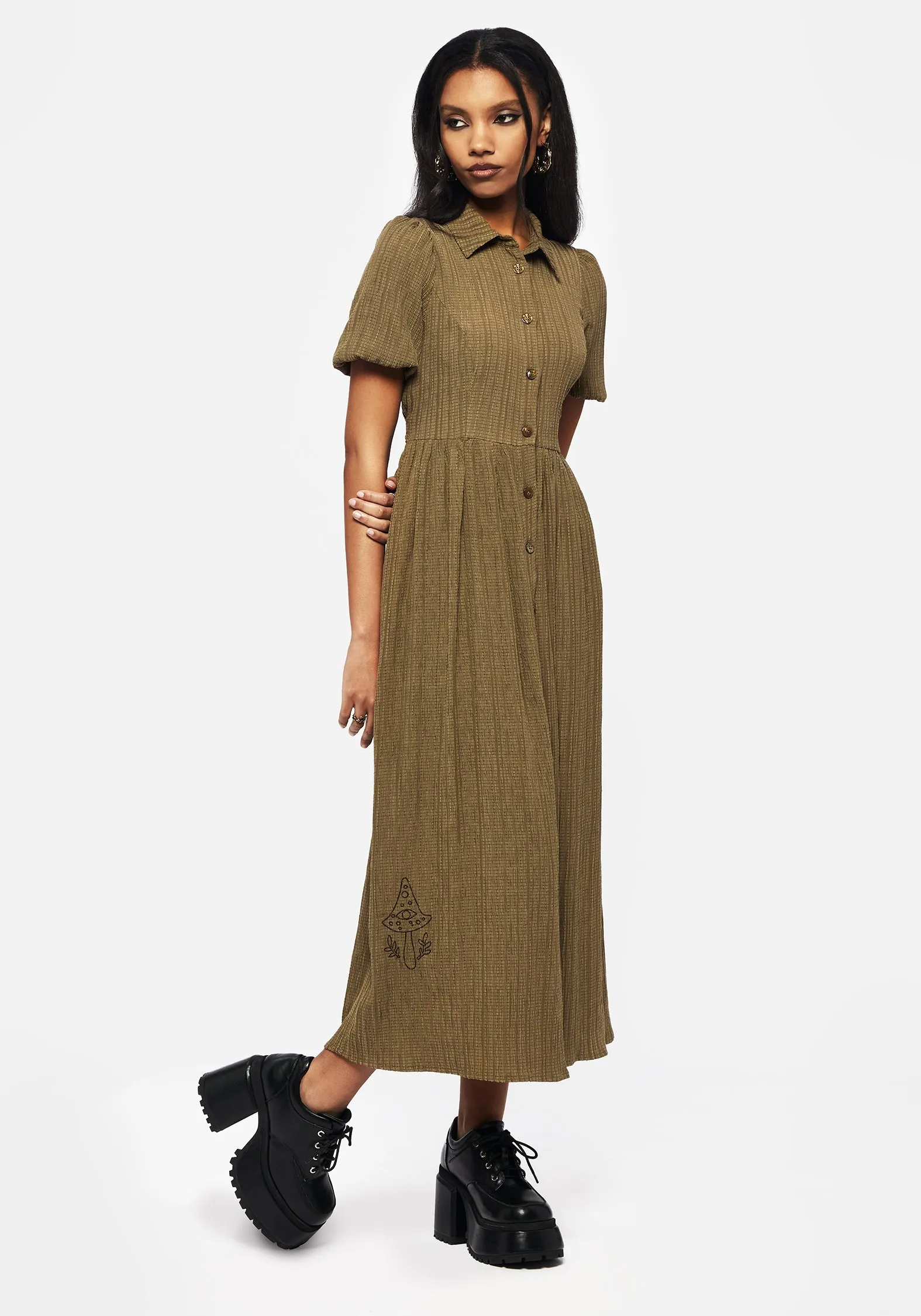 Ramaria Embroidered Puff Sleeve Button Up Midaxi Shirt Dress Luxe Fit Relaxed Mood