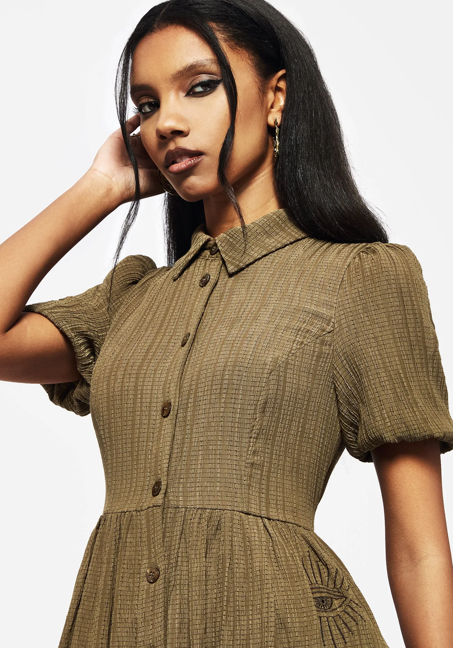 Ramaria Embroidered Puff Sleeve Button Up Midaxi Shirt Dress Convertible-Style