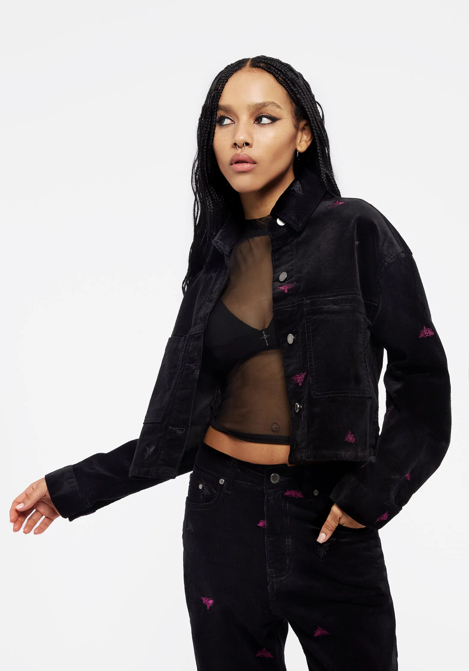 HighVisibility Trims RecycledPolyester Styx Moth Embroidered Cord Shacket