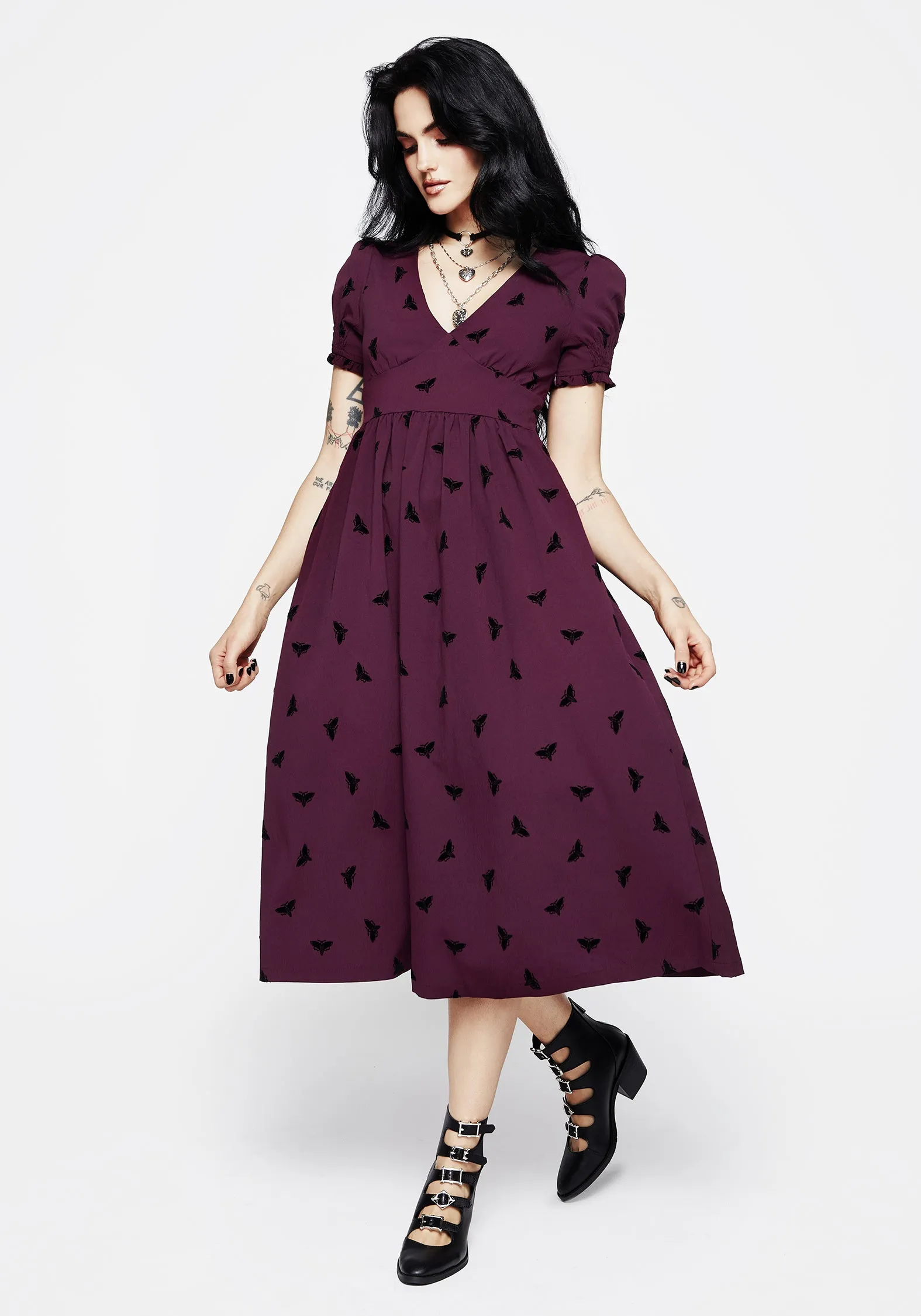 Natural Light Styx Moth Flocked Velour Print Midi Dress