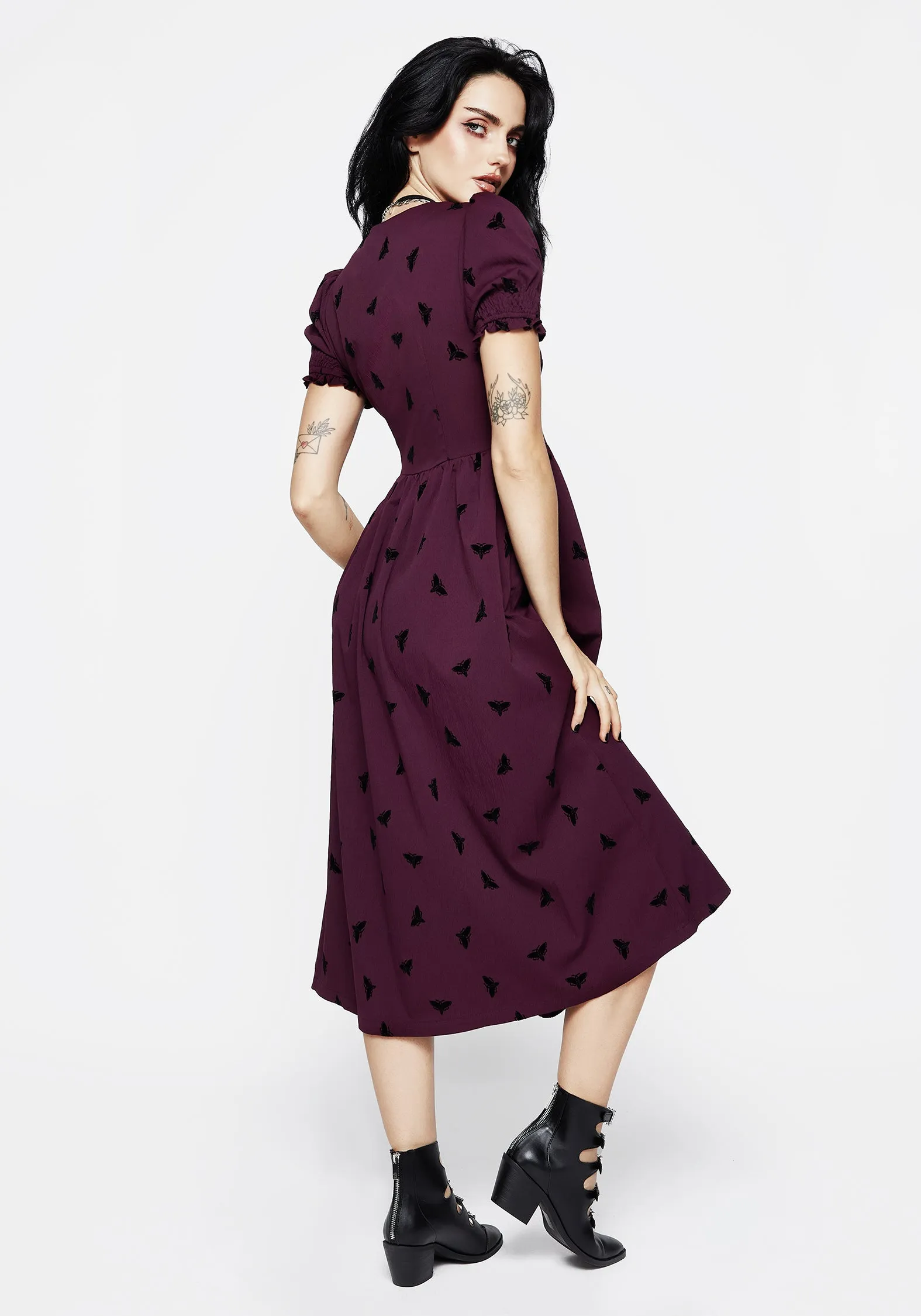 Styx Moth Flocked Velour Print Midi Dress Light Wrap Bell-Sleeve