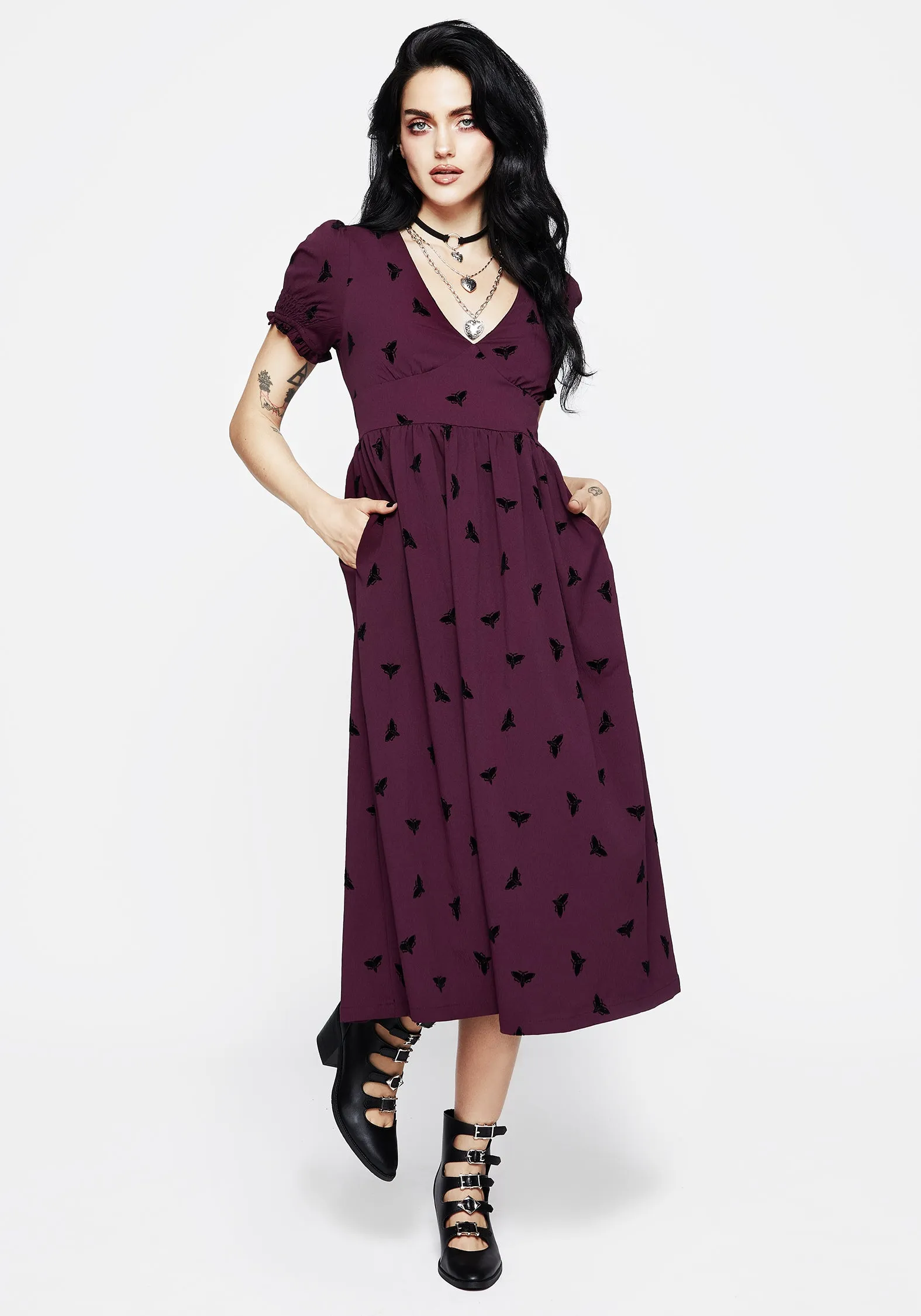 Hidden Zipper Neutral Cut Styx Moth Flocked Velour Print Midi Dress