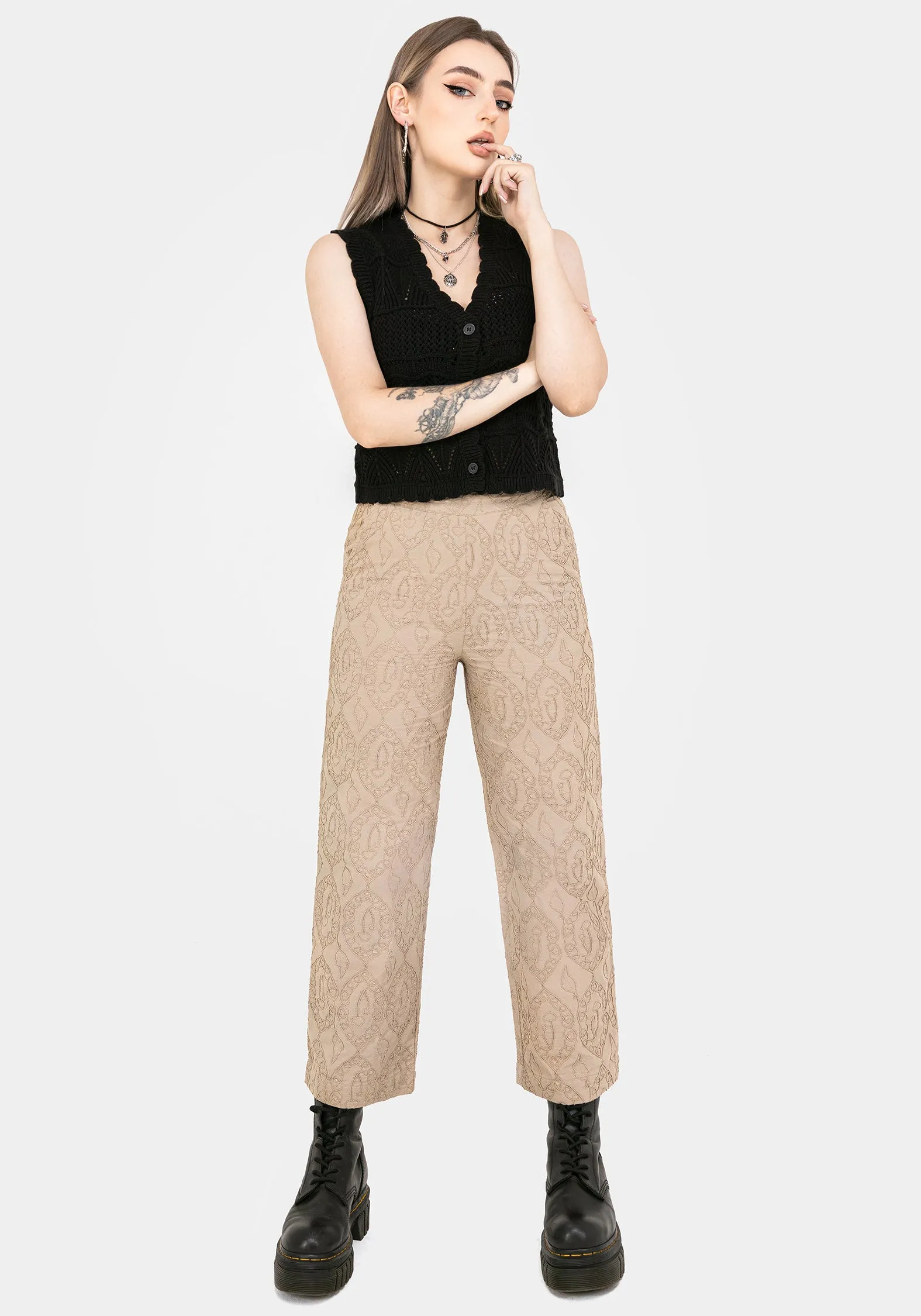 Suma Cotton Textured Pull On Tapered Trouser Crisscross Details