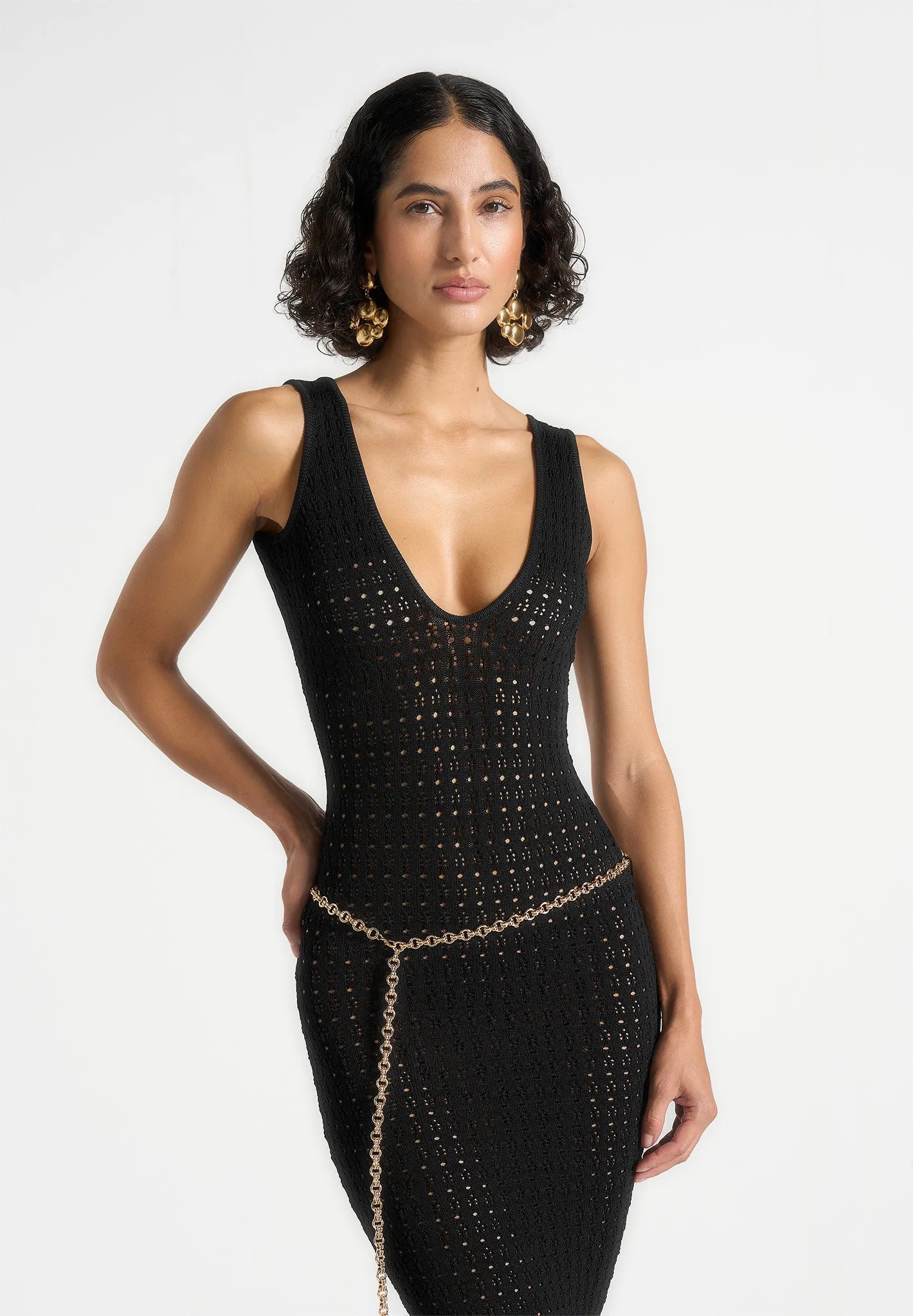 Myriam - Pointelle Plunge Midaxi Dress With Chain - Black Wave Soft