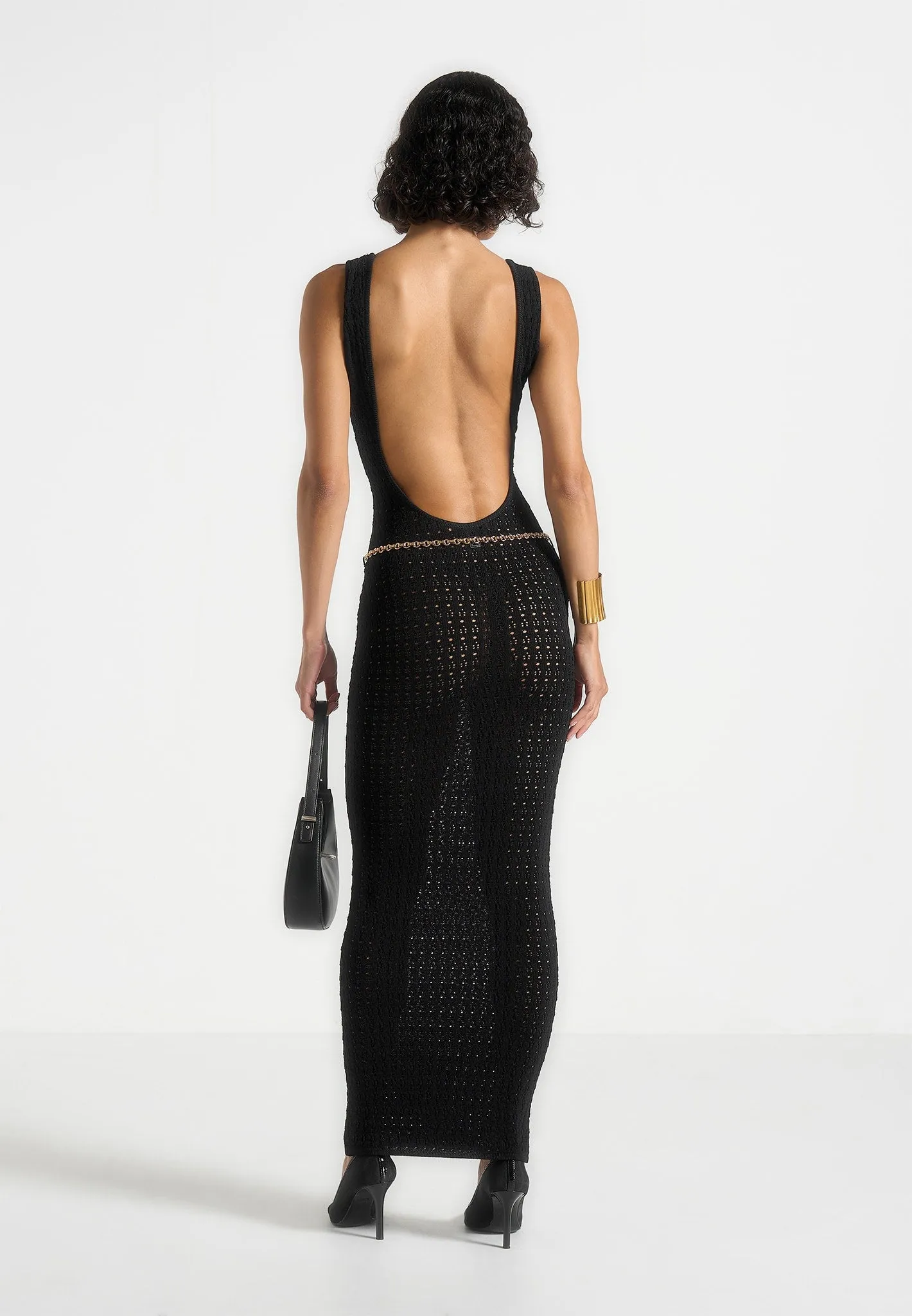 Art-Gallery Classic Grace Myriam - Pointelle Plunge Midaxi Dress With Chain - Black