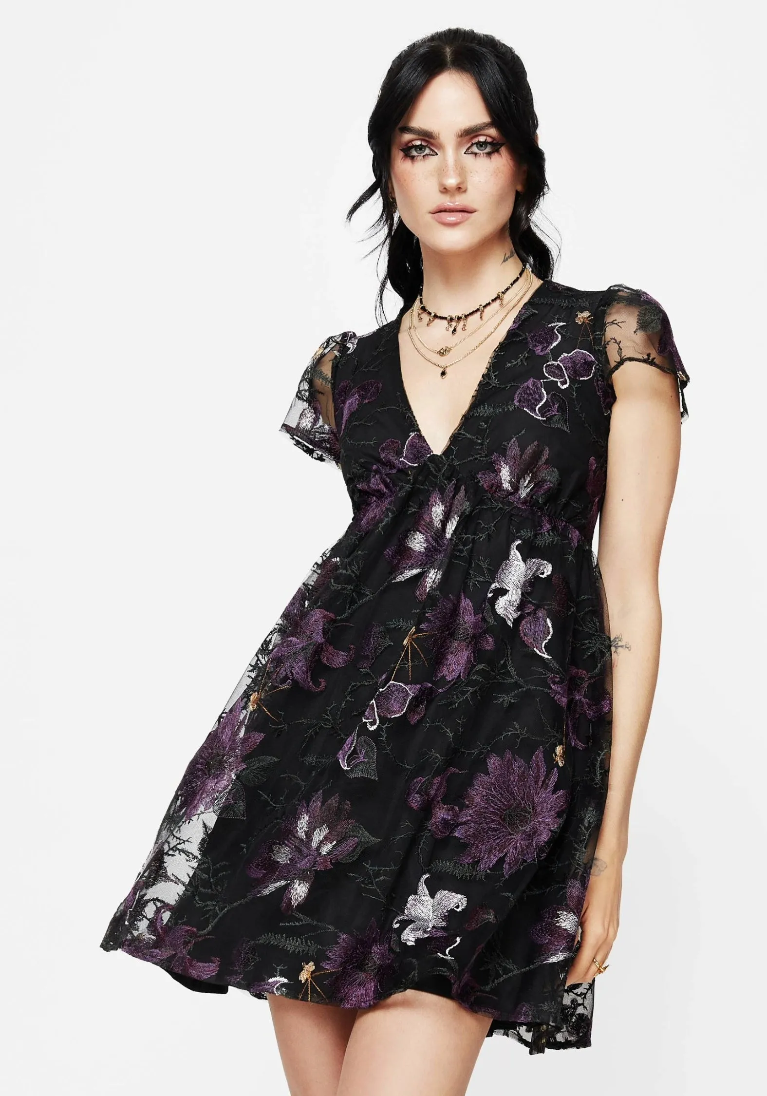 Wrap style Estrid Embroidered Mesh Flute Sleeve Mini Dress