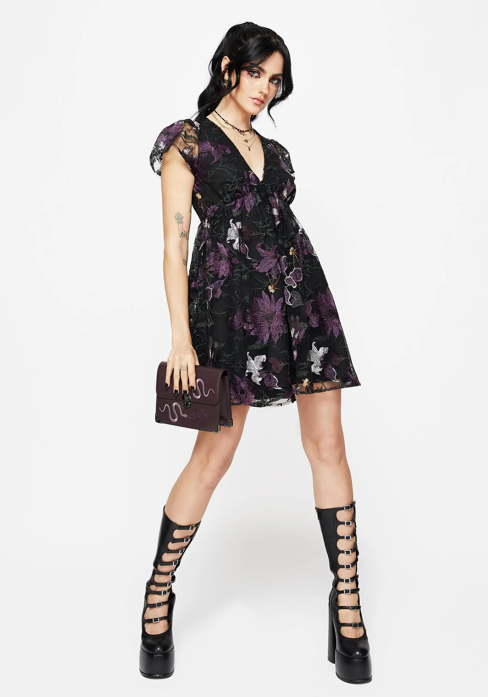 Estrid Embroidered Mesh Flute Sleeve Mini Dress Vibe Choice Simple yet sophisticated gown