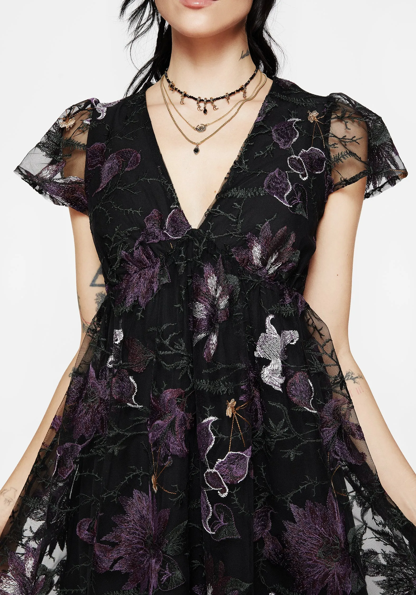 Seasonal Comfort Office Mood Estrid Embroidered Mesh Flute Sleeve Mini Dress