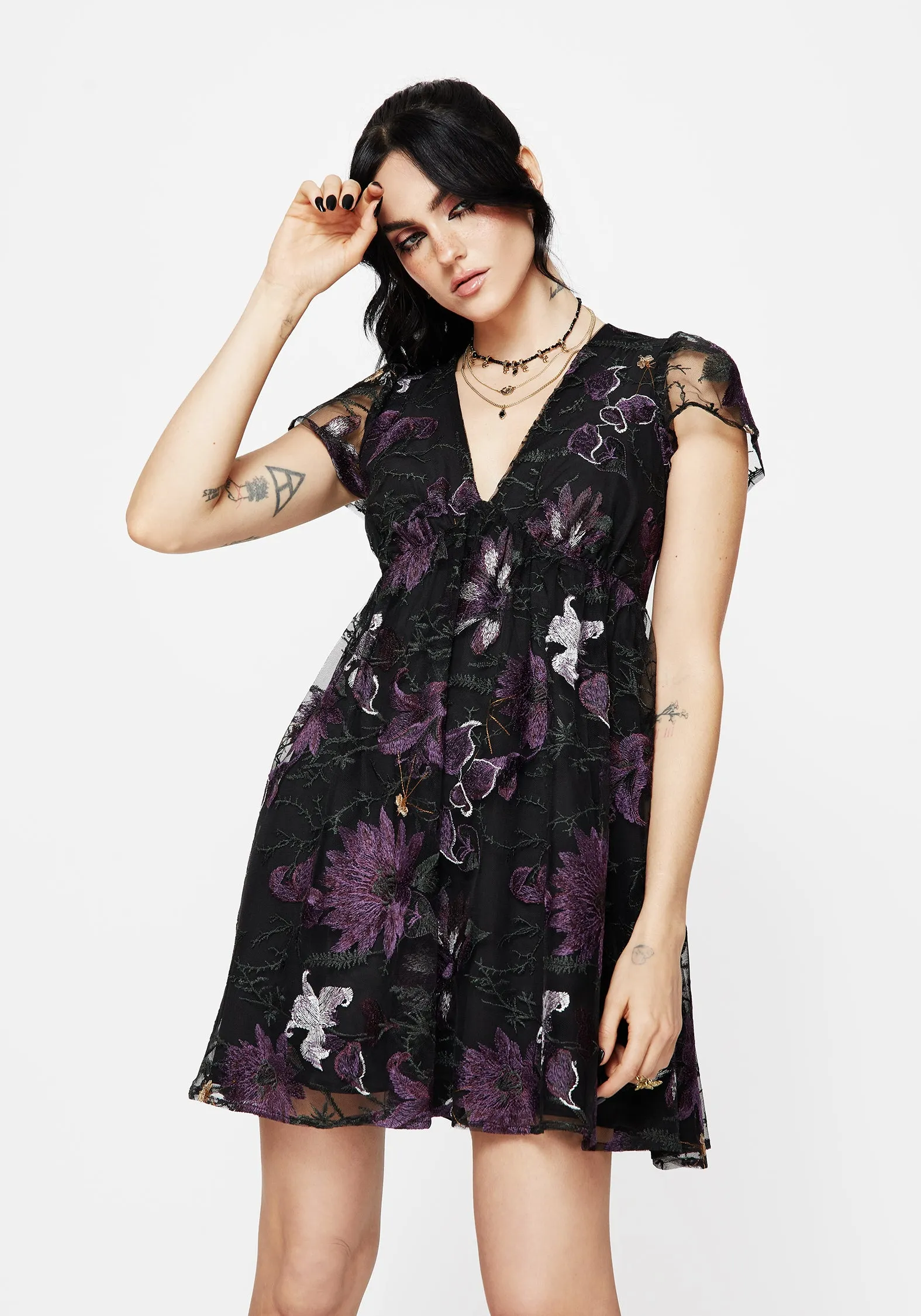 Chilly Day Comfort Estrid Embroidered Mesh Flute Sleeve Mini Dress