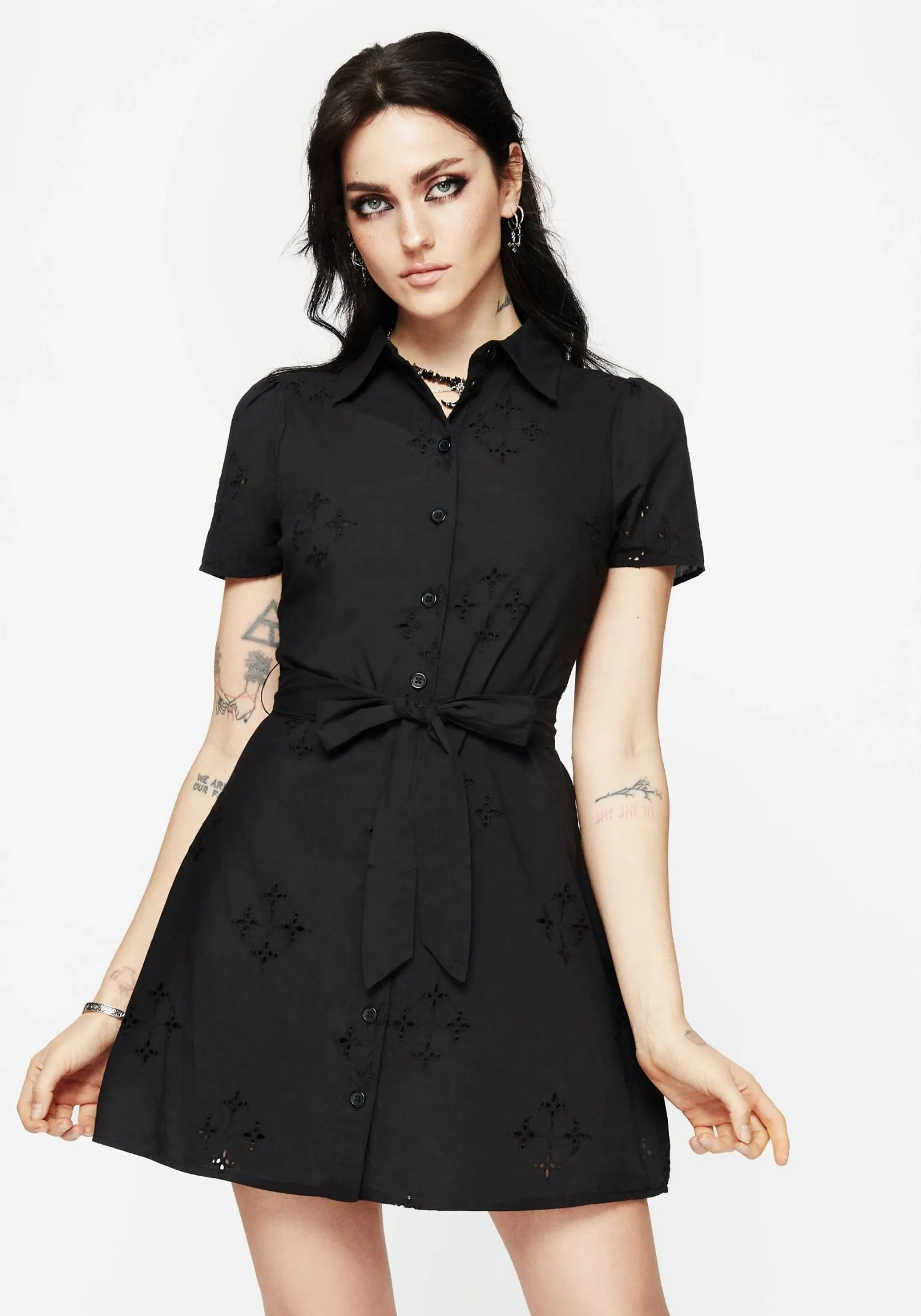 Polished Wear Crux Broderie Cotton Belted Mini Shirt Dress