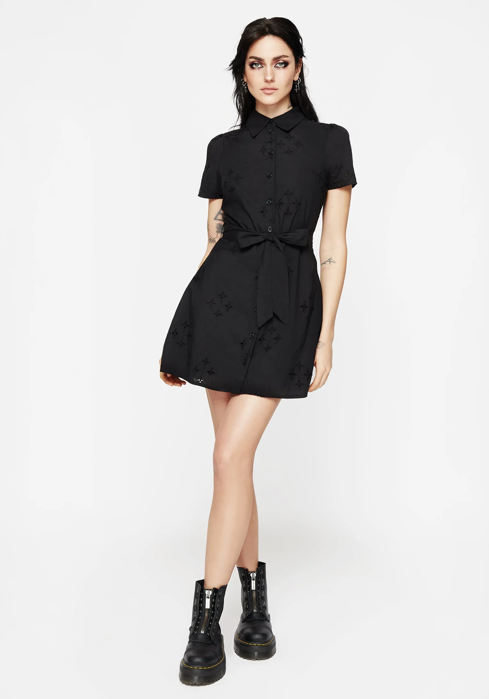 Crux Broderie Cotton Belted Mini Shirt Dress Mini dress with bold colors Feminine flattering short gown