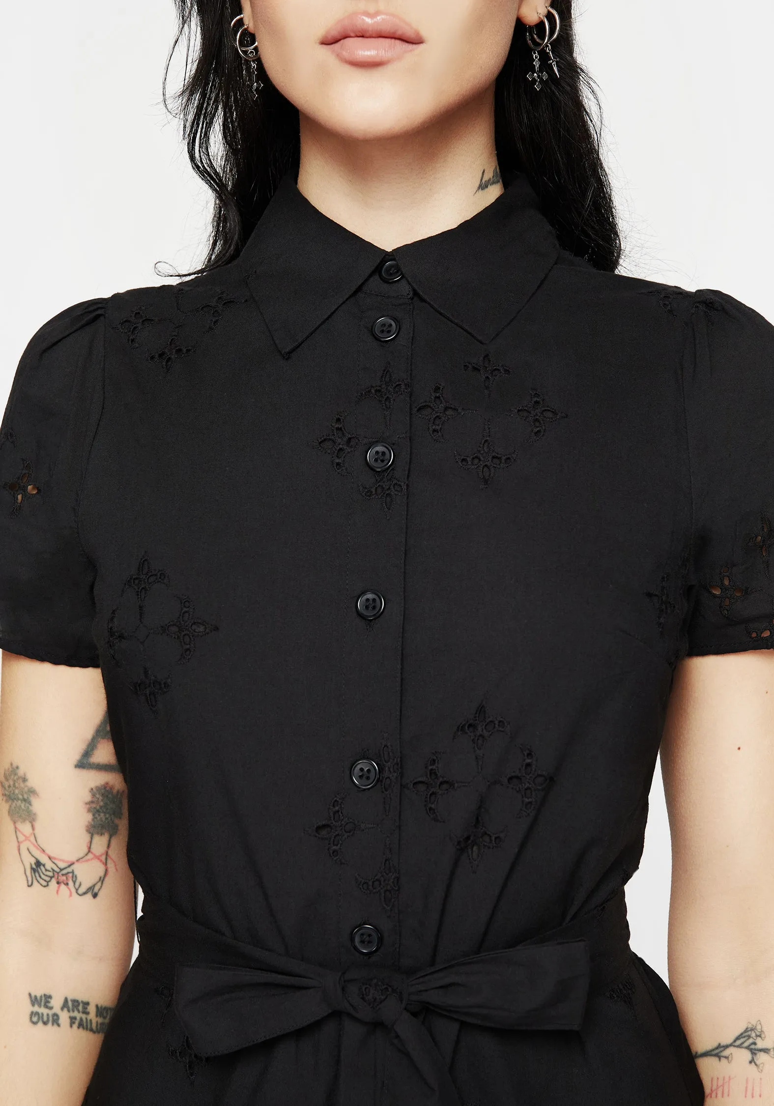 Front Detail Crux Broderie Cotton Belted Mini Shirt Dress