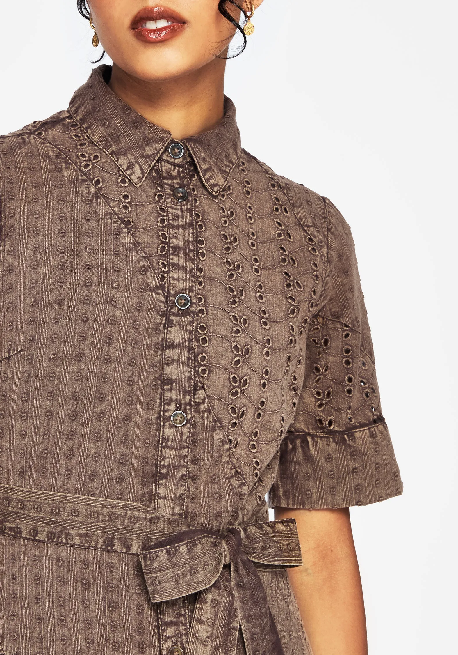 Fine Details Summerisle Cotton Broderie Detail Tie Wrap Midi Shirt Dress