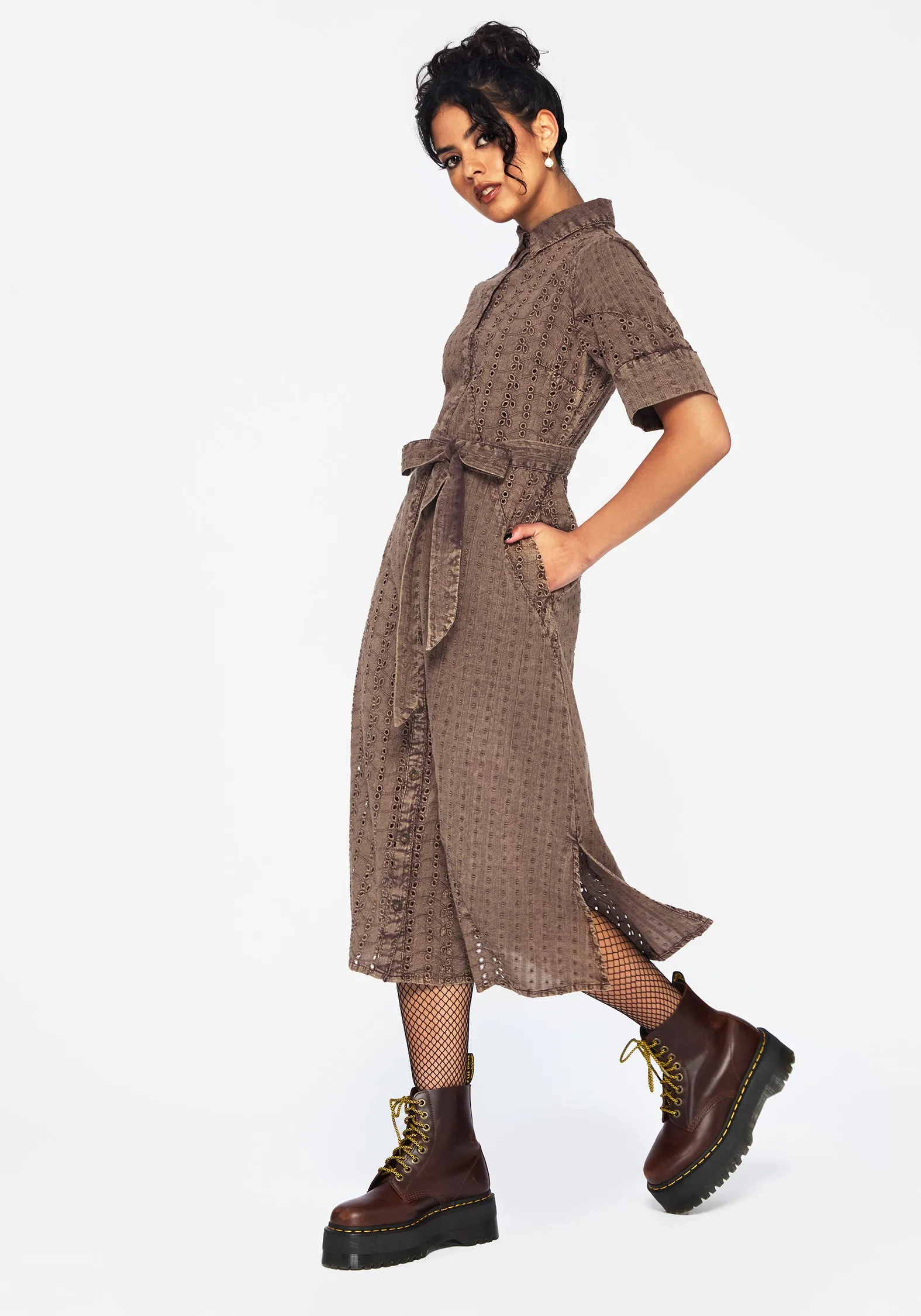 Summerisle Cotton Broderie Detail Tie Wrap Midi Shirt Dress Ruffle Hem