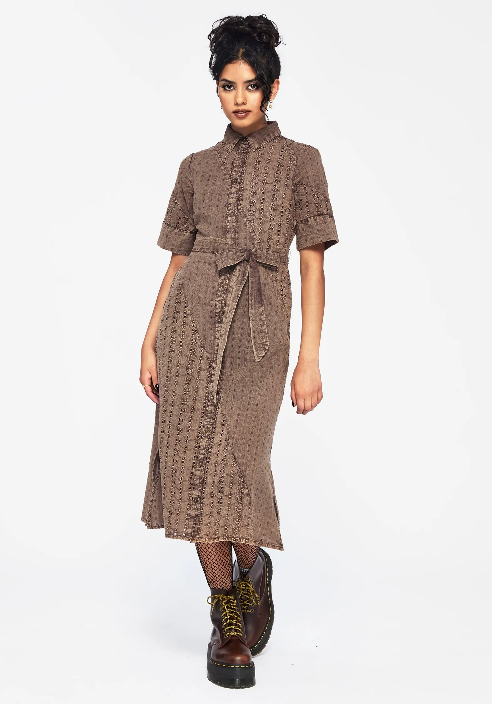Summerisle Cotton Broderie Detail Tie Wrap Midi Shirt Dress Travel Style Stretch-Recovery