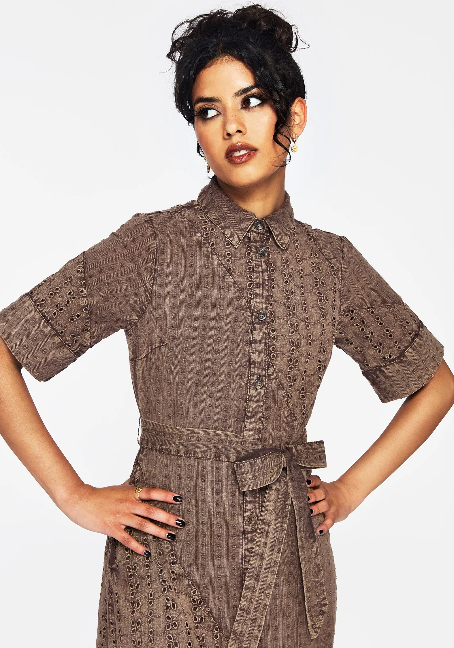 Plus Fit Summerisle Cotton Broderie Detail Tie Wrap Midi Shirt Dress