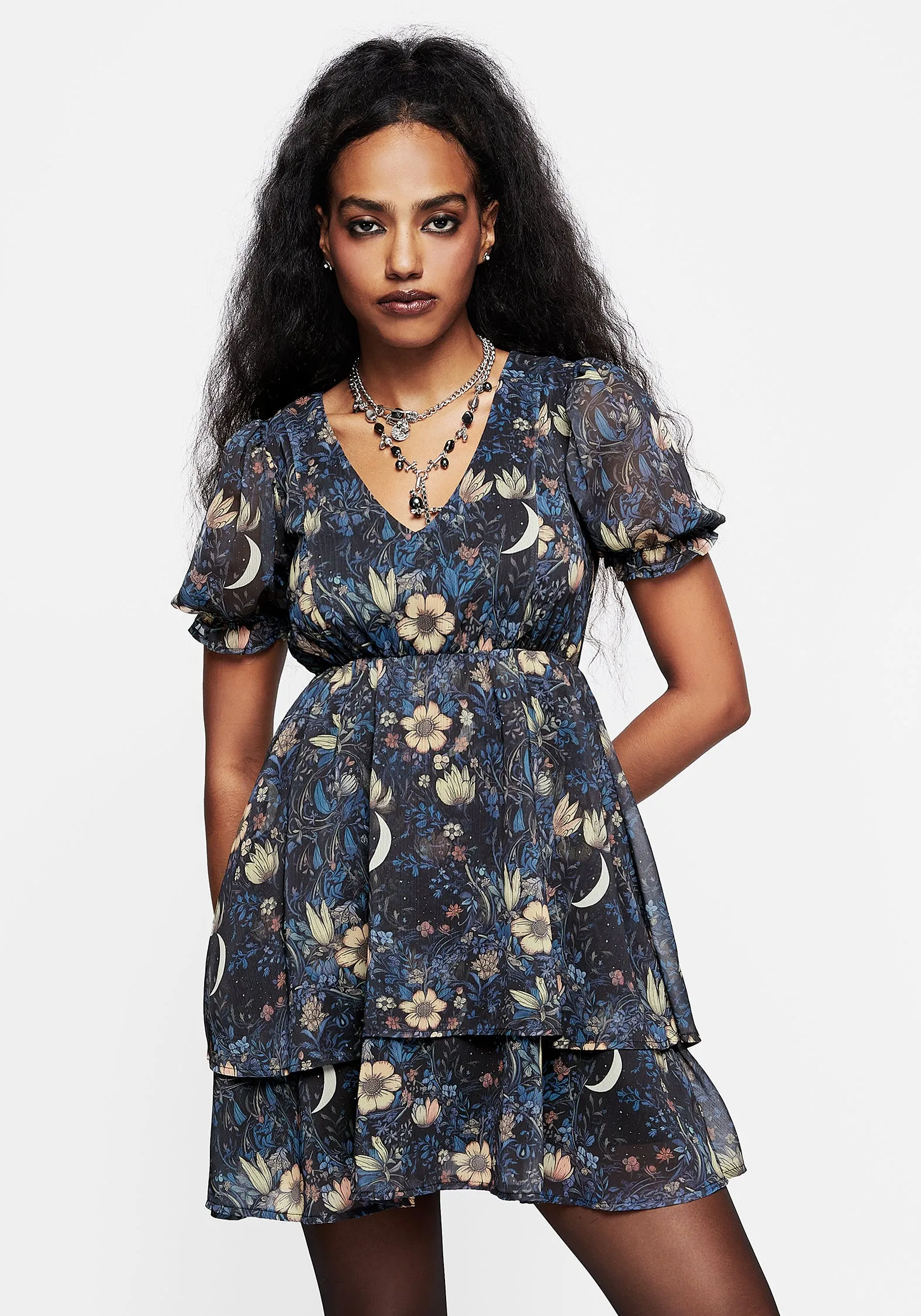 Glow Fresh Fade Resistant Primrose Floral Chiffon Puff Sleeve Layered Mini Dress