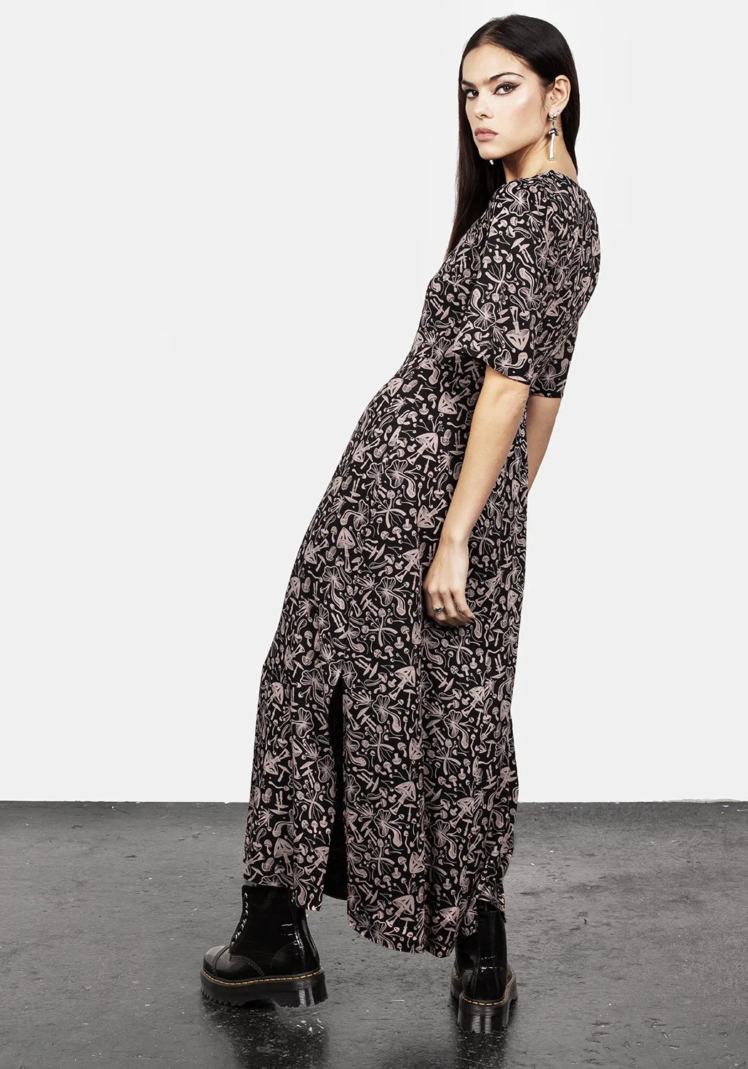 Mycophile Mushroom Print Split Maxi Dress Smile Feel