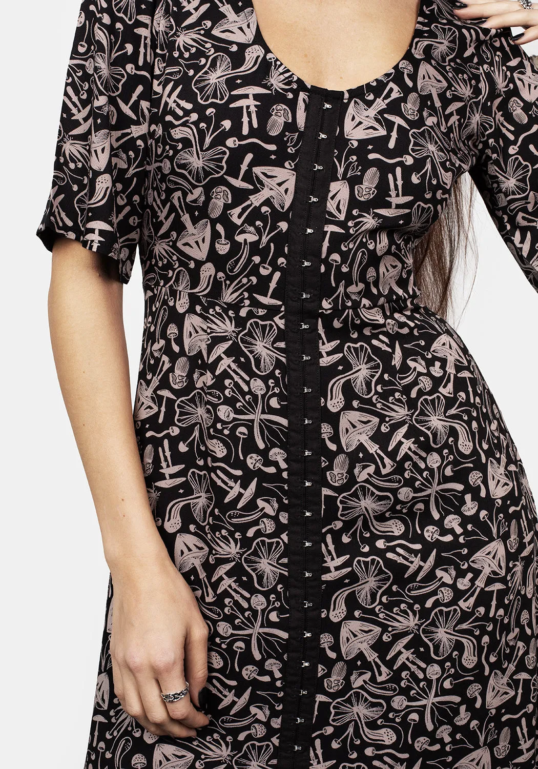 Mycophile Mushroom Print Split Maxi Dress Piped-Edge Silk-Blend