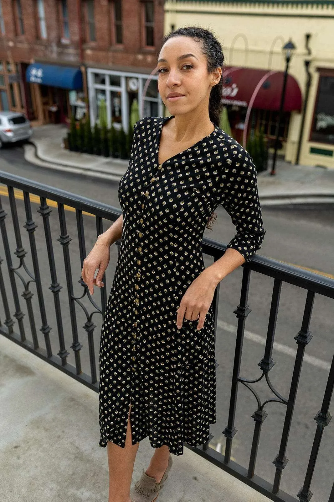 Stain-Guard-Finish Versatile Layering Fiona Dress in Black Floral Crepe