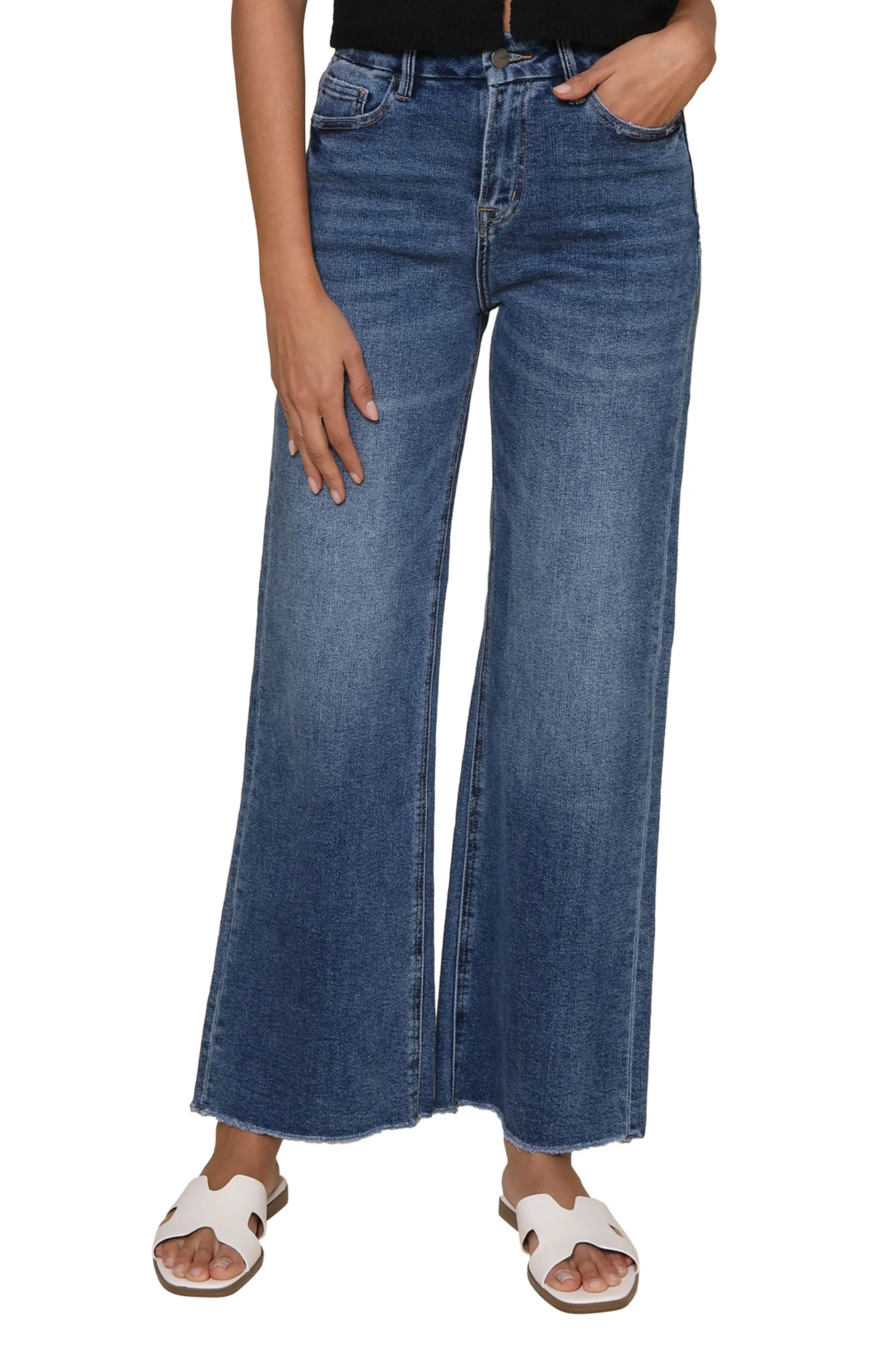 Flat Lock Stitching Noise Reduciting Fabric Super High Rise Wide Leg With Grinding