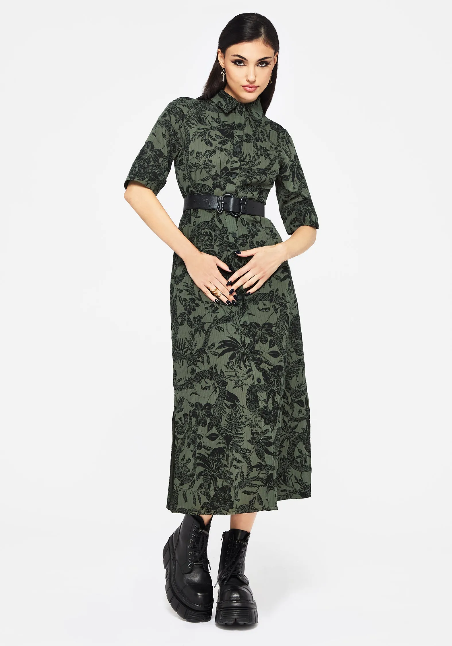 Bashe Cotton Midaxi Shirt Dress - Green Smooth silhouette