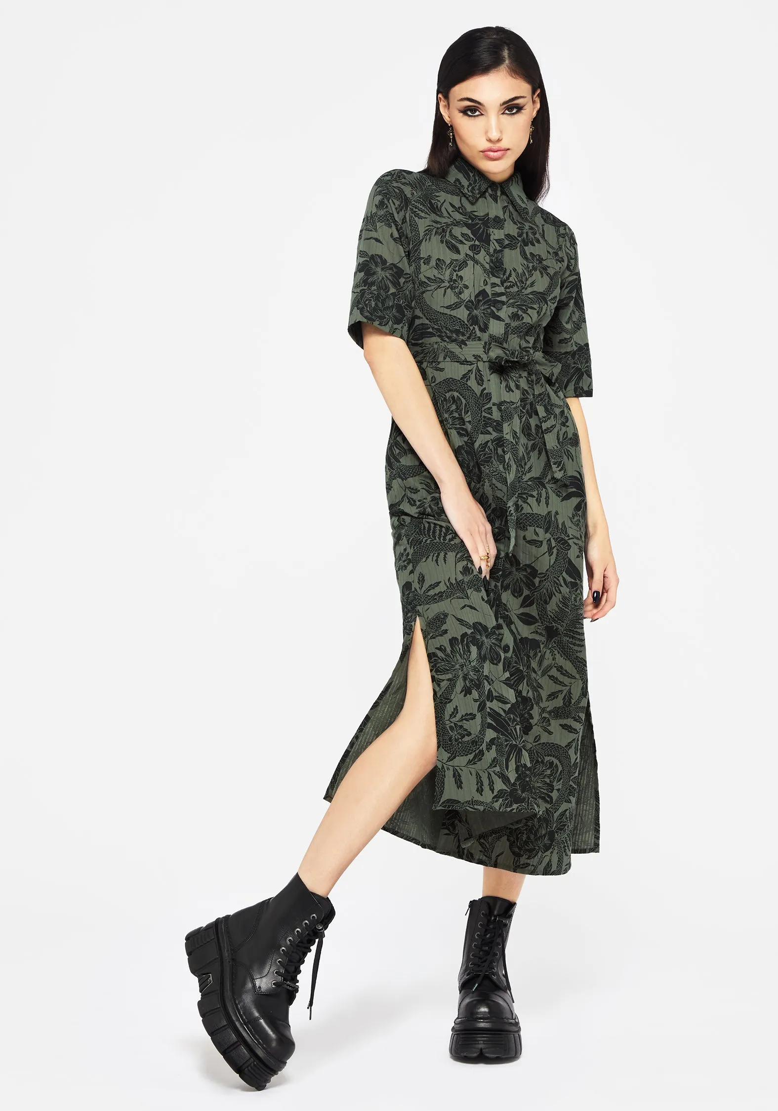 Bashe Cotton Midaxi Shirt Dress - Green Collar Accent Elastic Fit
