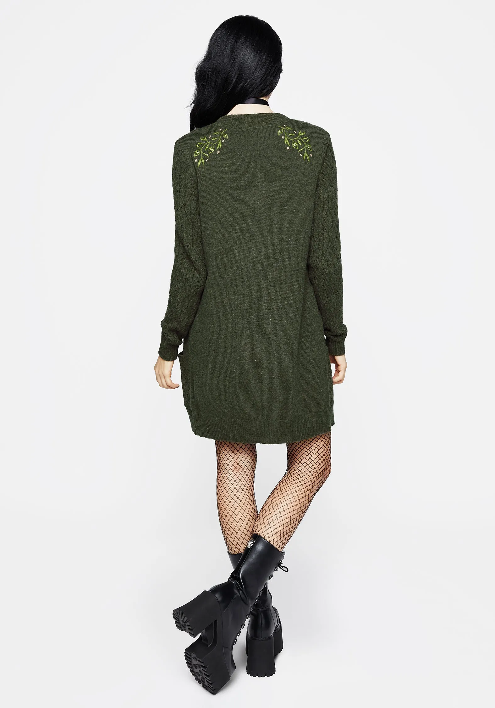 Eco Friendly Dye All Day Swamplife Embroidered Cable Knit Longline Cardigan