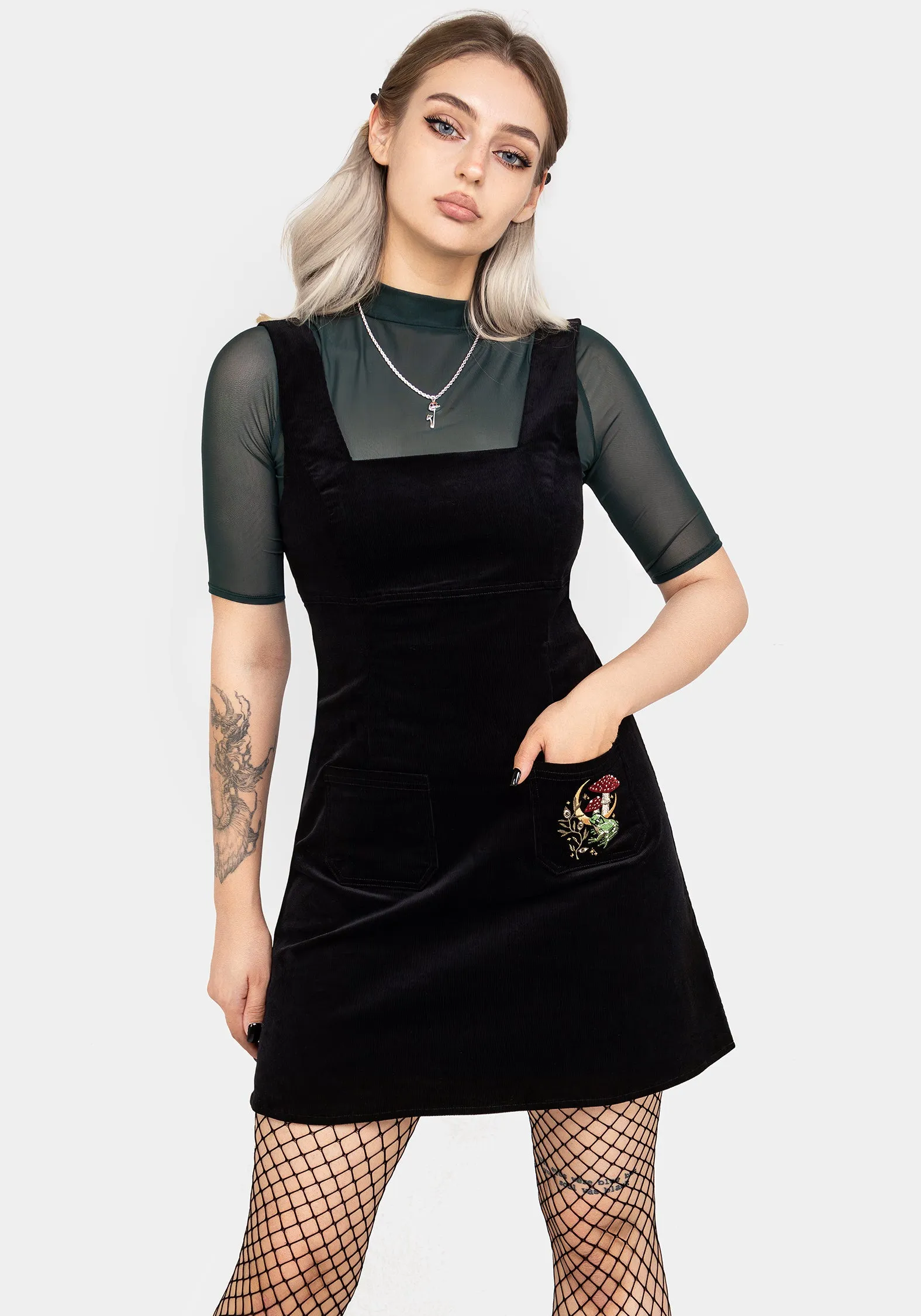 Edgy Layers Chic Fit Swamplife Embroidered Cord Mini Pinafore Dress