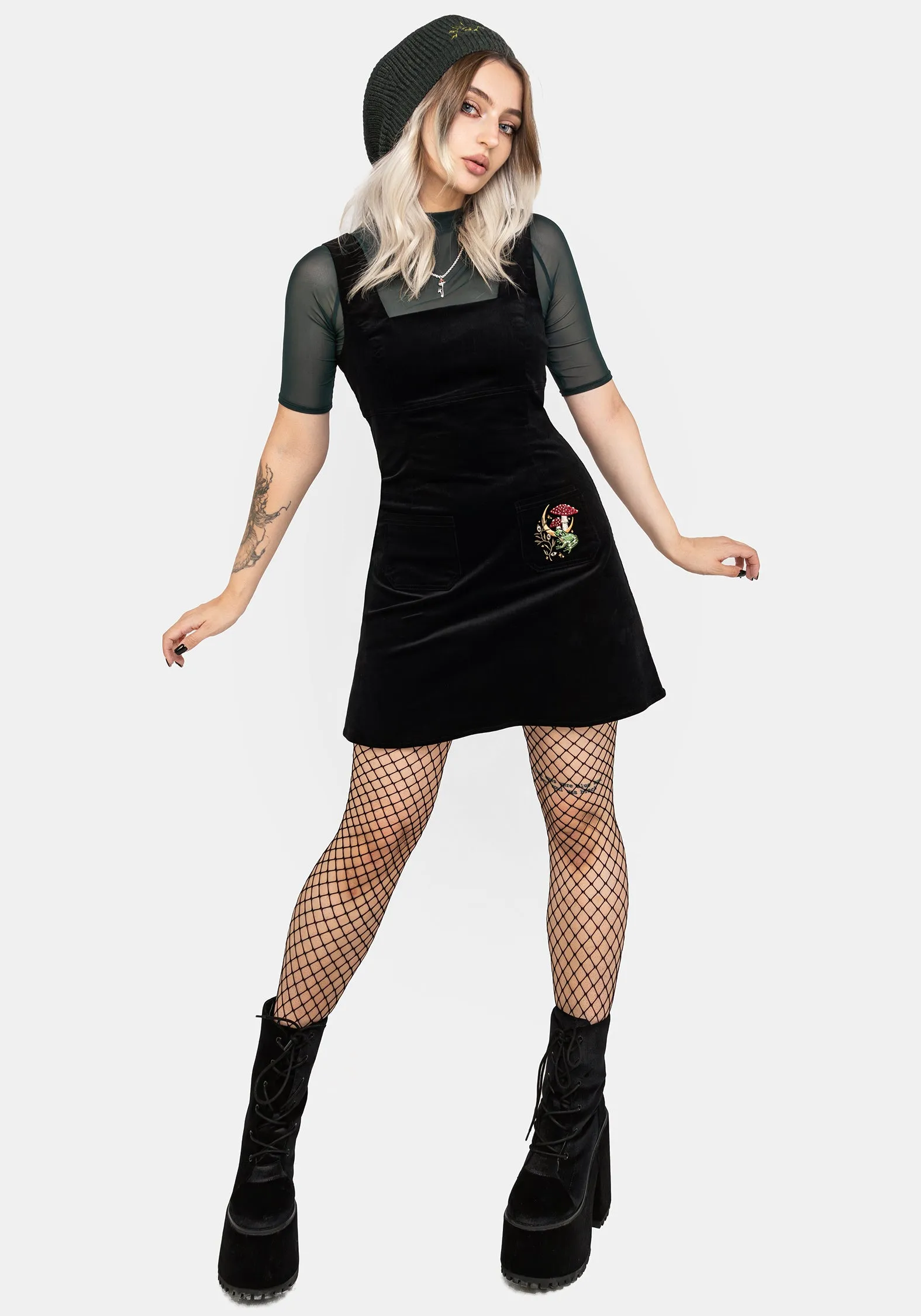 Petite Chic Swamplife Embroidered Cord Mini Pinafore Dress