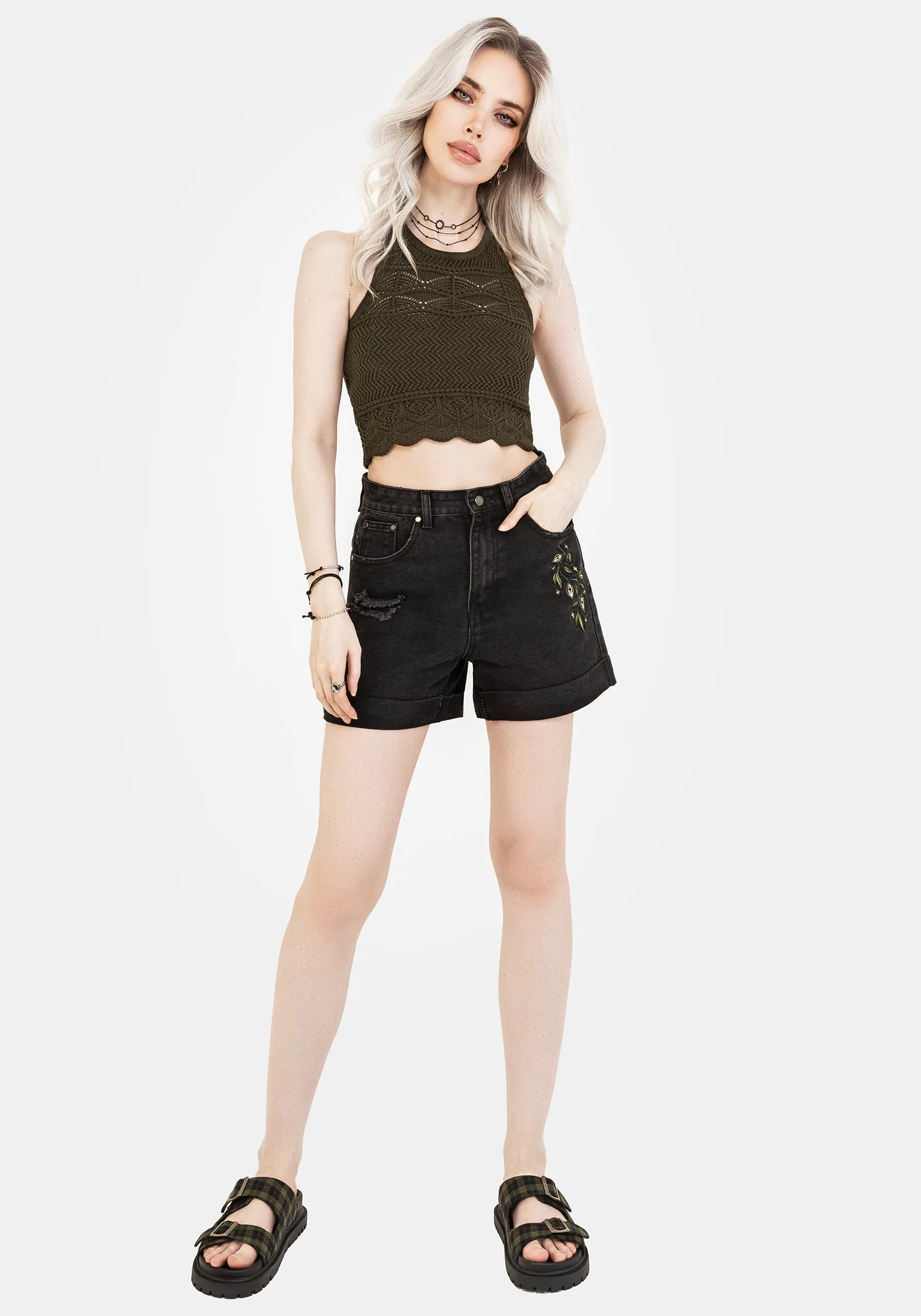 Flowy Drape Swamplife Embroidered Denim Shorts