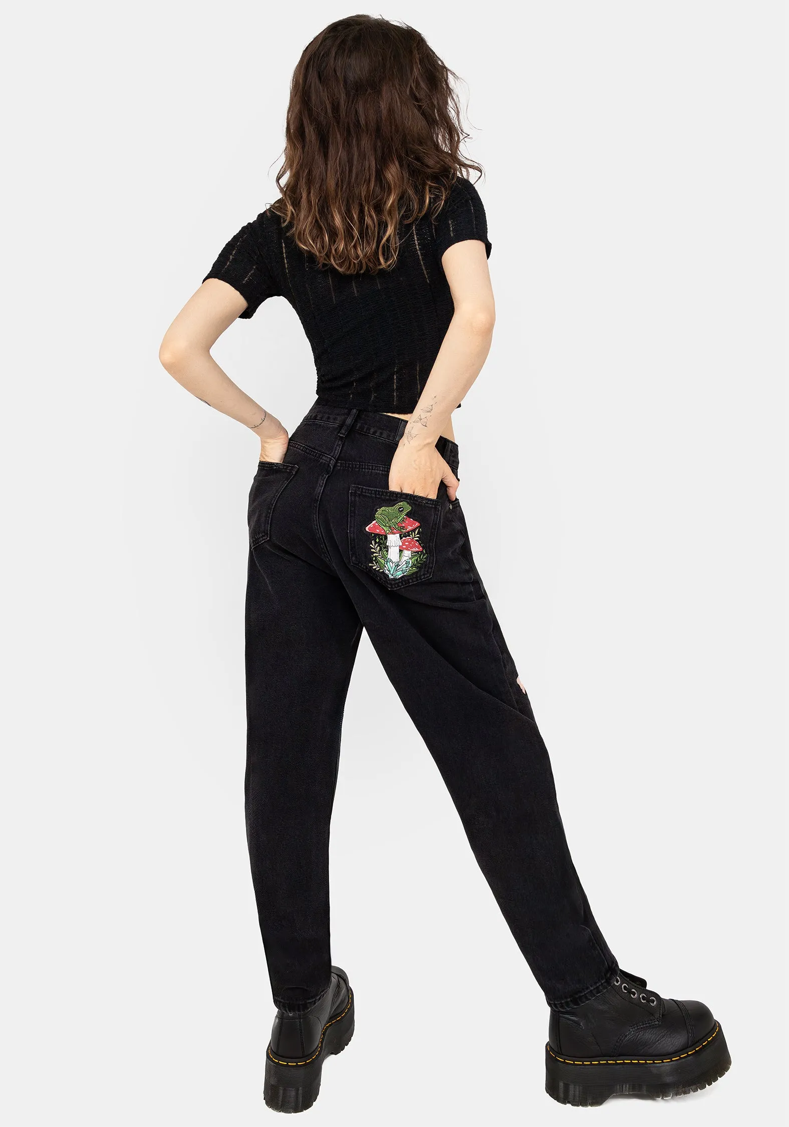 Timeless Piece Soft Sustainable Swamplife Frog Embroidered Distressed Mom Jeans