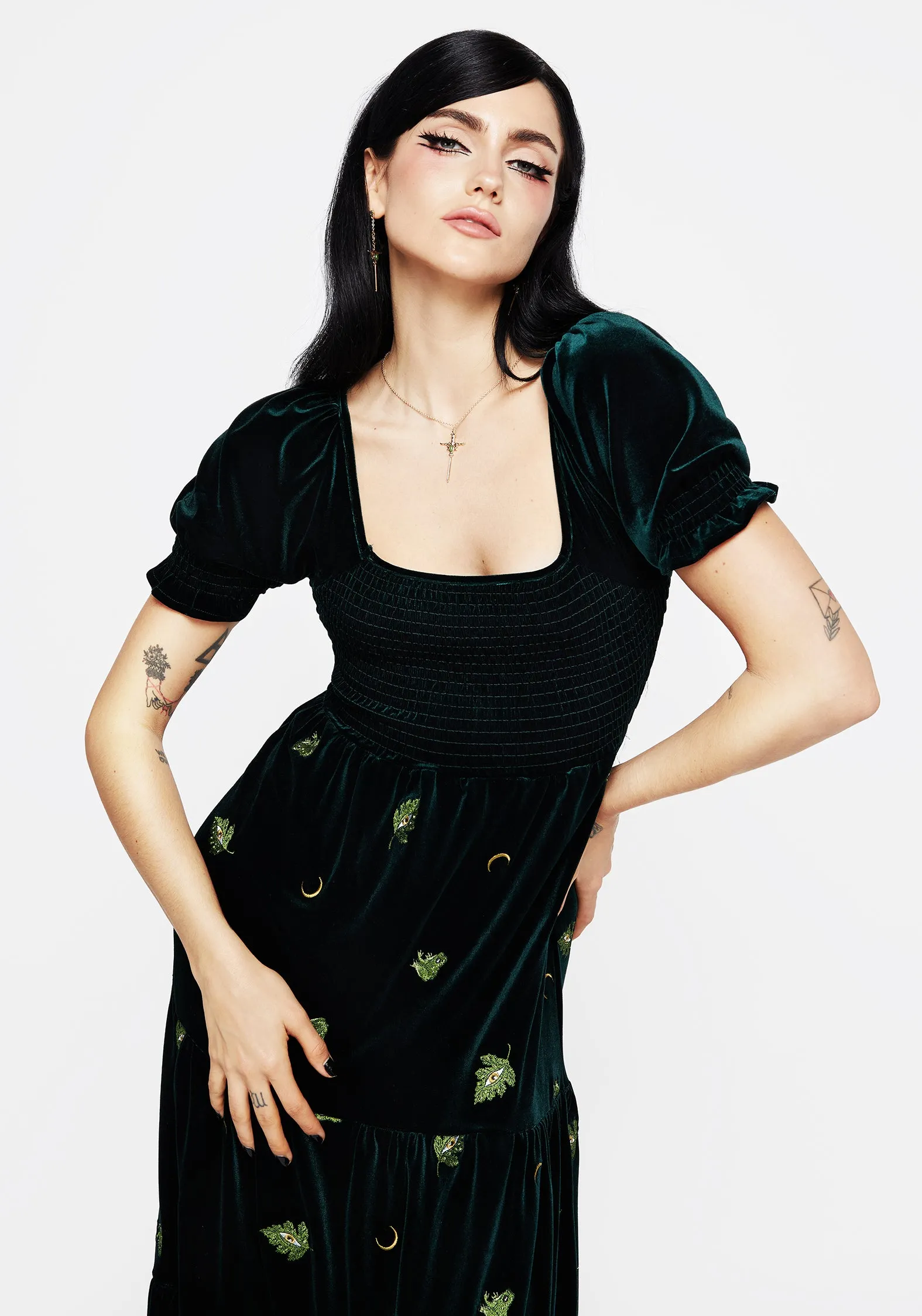 Swamplife Frog Embroidered Velour Tiered Midi Dress Beach Path