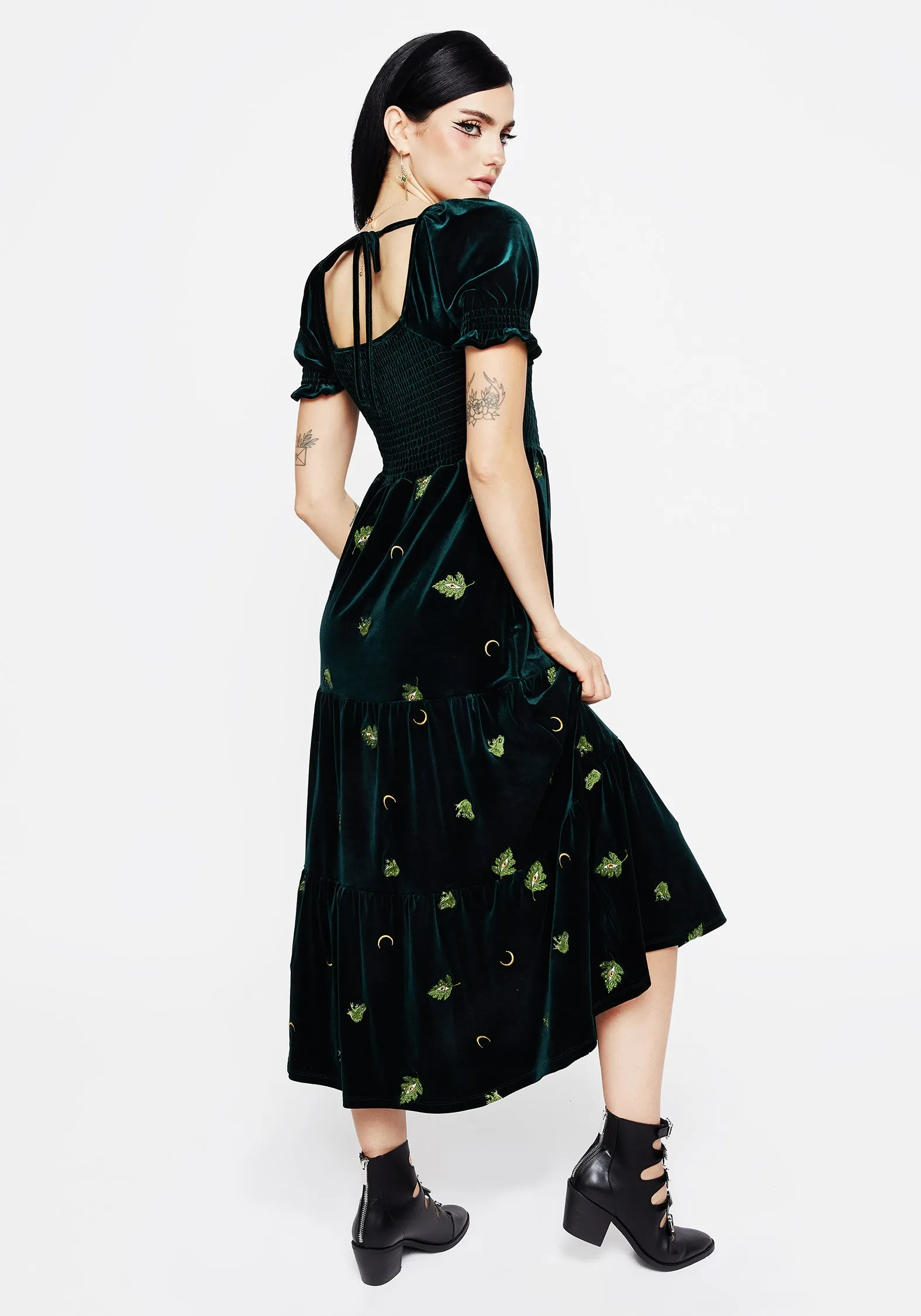 Swamplife Frog Embroidered Velour Tiered Midi Dress Leaf Fall