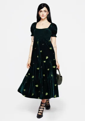 All Season Wear Opal Glow Swamplife Frog Embroidered Velour Tiered Midi Dress