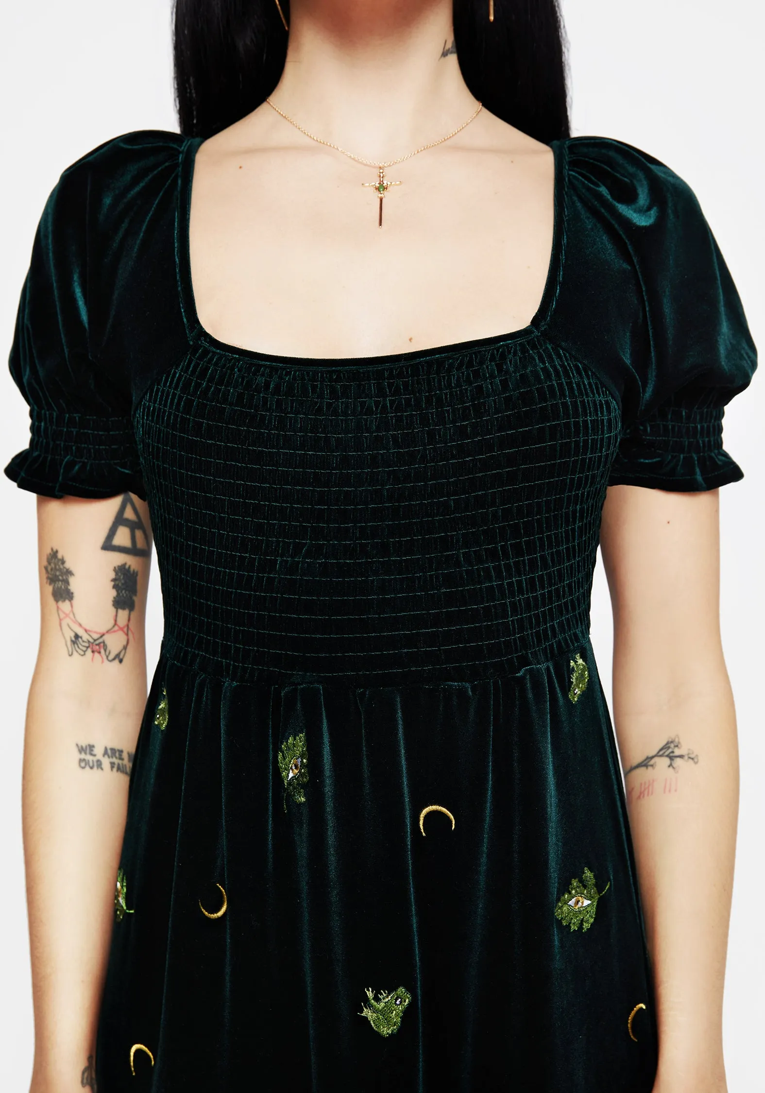 Swamplife Frog Embroidered Velour Tiered Midi Dress The elegant cut of this dress highlights your figure while offering plenty of room to move Lantern Glow