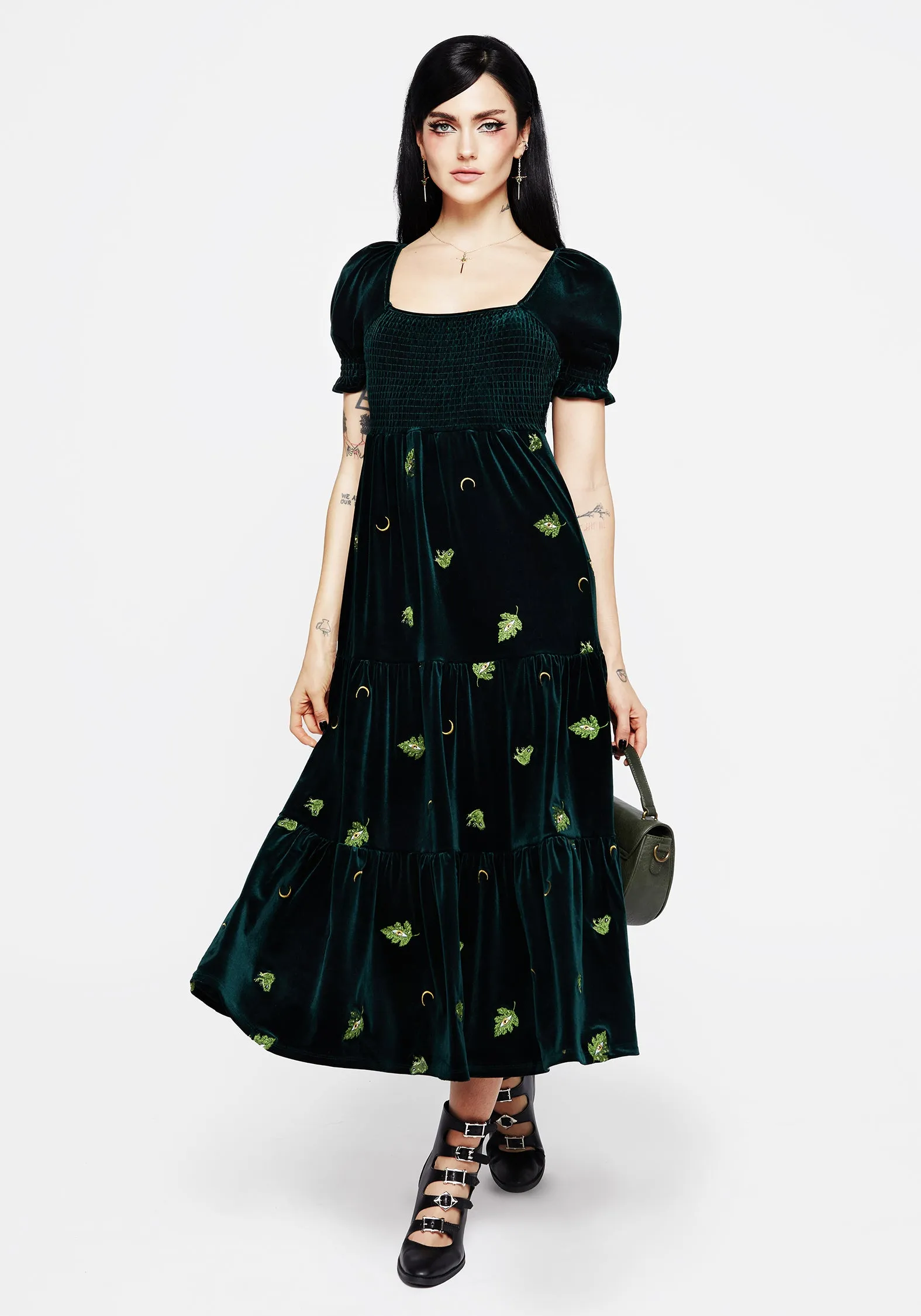 All Season Wear Opal Glow Swamplife Frog Embroidered Velour Tiered Midi Dress