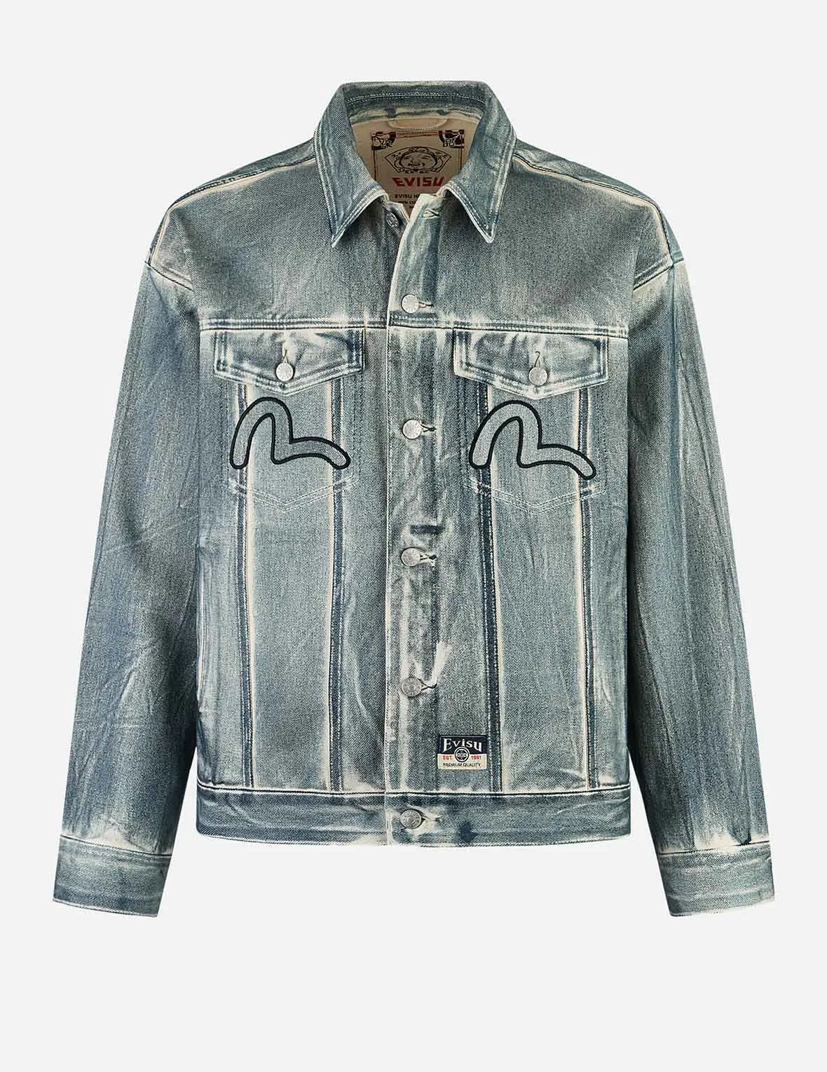 Kamon and Seagull Appliqu?? with Rubbing Print Fashion Fit Denim Jacket Layered Sleeve Non Chafing Edges