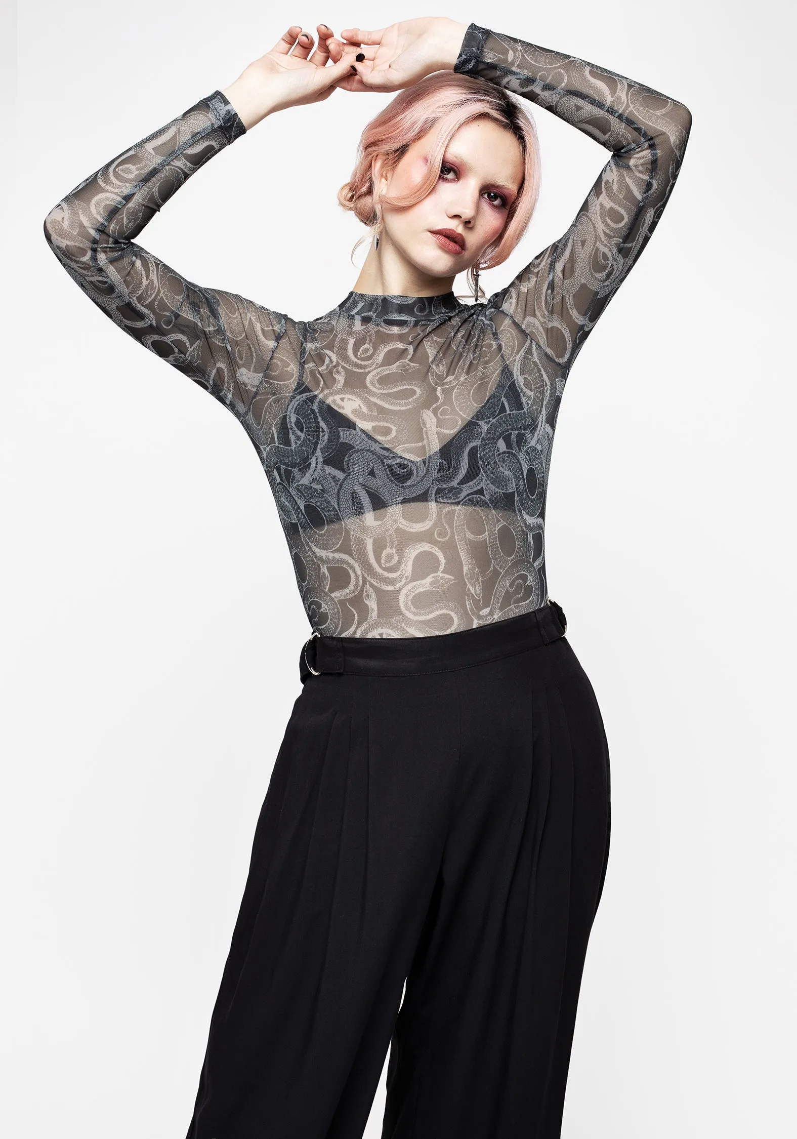 Serpente Print Mesh Long Sleeve Bodysuit Tagless Design