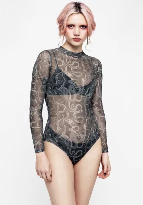 Serpente Print Mesh Long Sleeve Bodysuit LowImpact Manufacturing AntiOdorTreatment