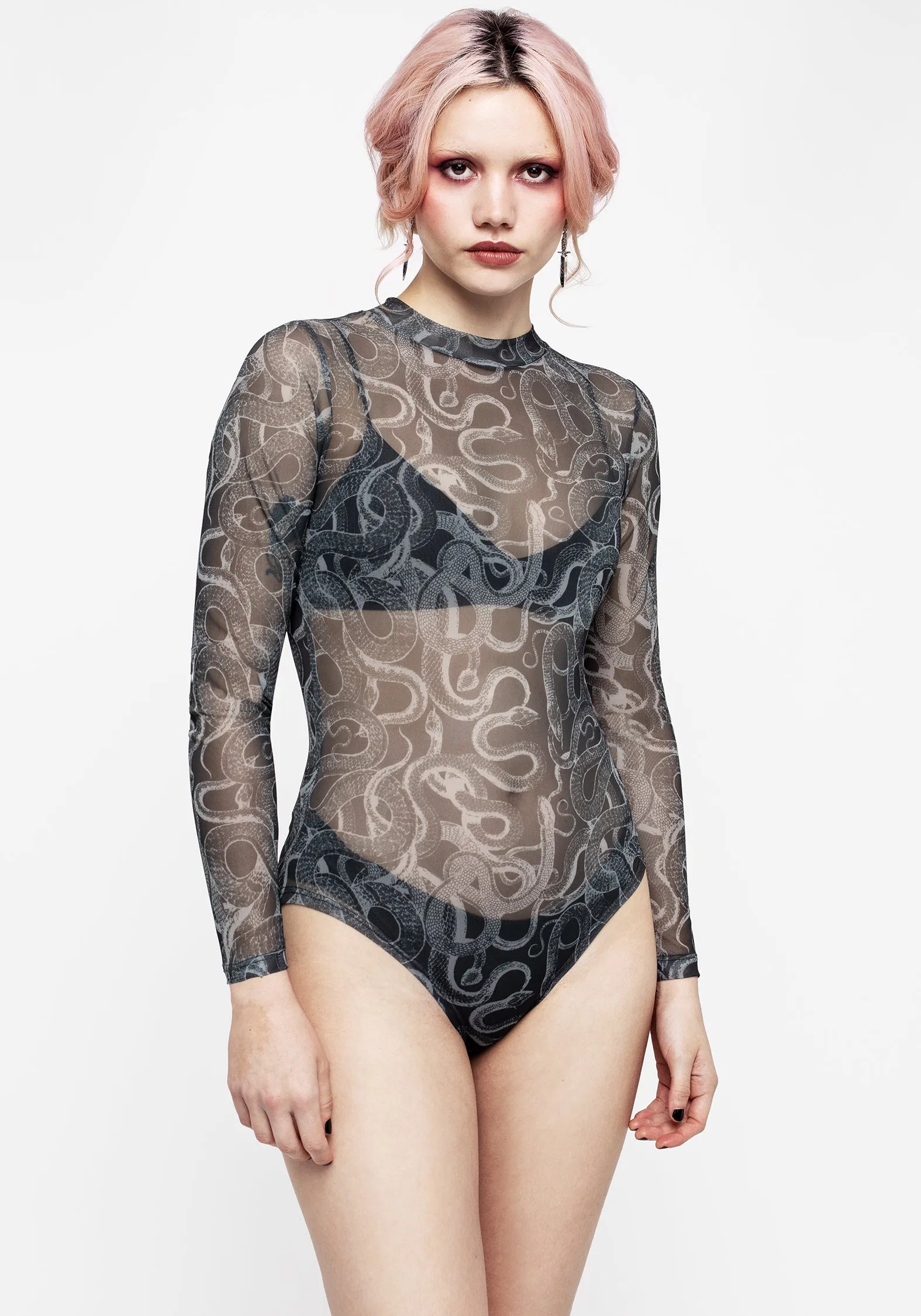 EcoFriendlyDye AntiStaticLining Serpente Print Mesh Long Sleeve Bodysuit