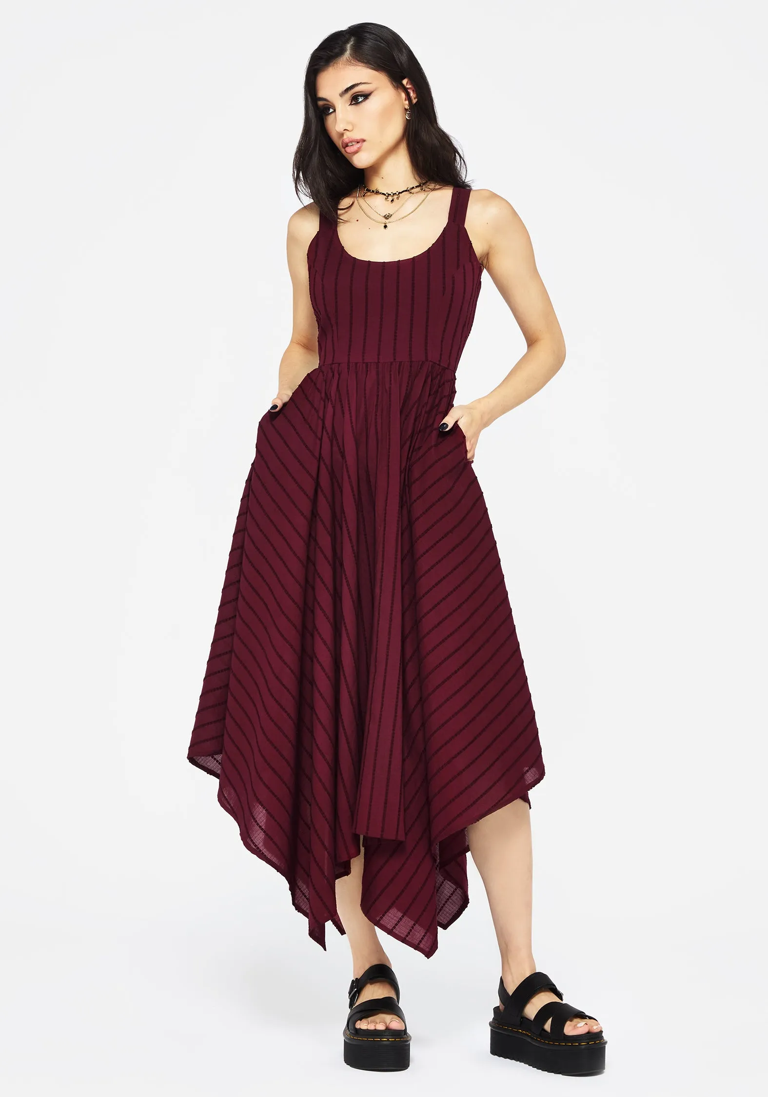 Travel Fit Low-Waist Blythe Cotton Handkerchief Hem Midaxi Dress - Burgundy