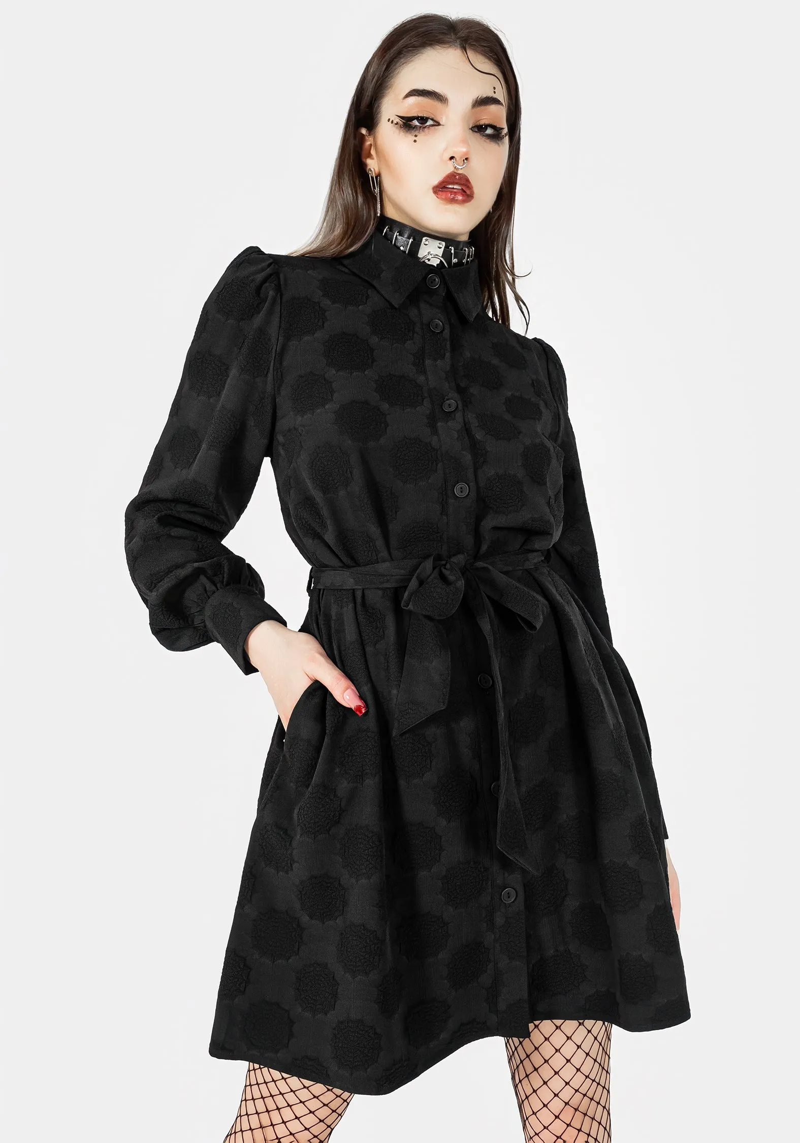 Mature Glam Arachnida Jacquard Mini Shirt Dress
