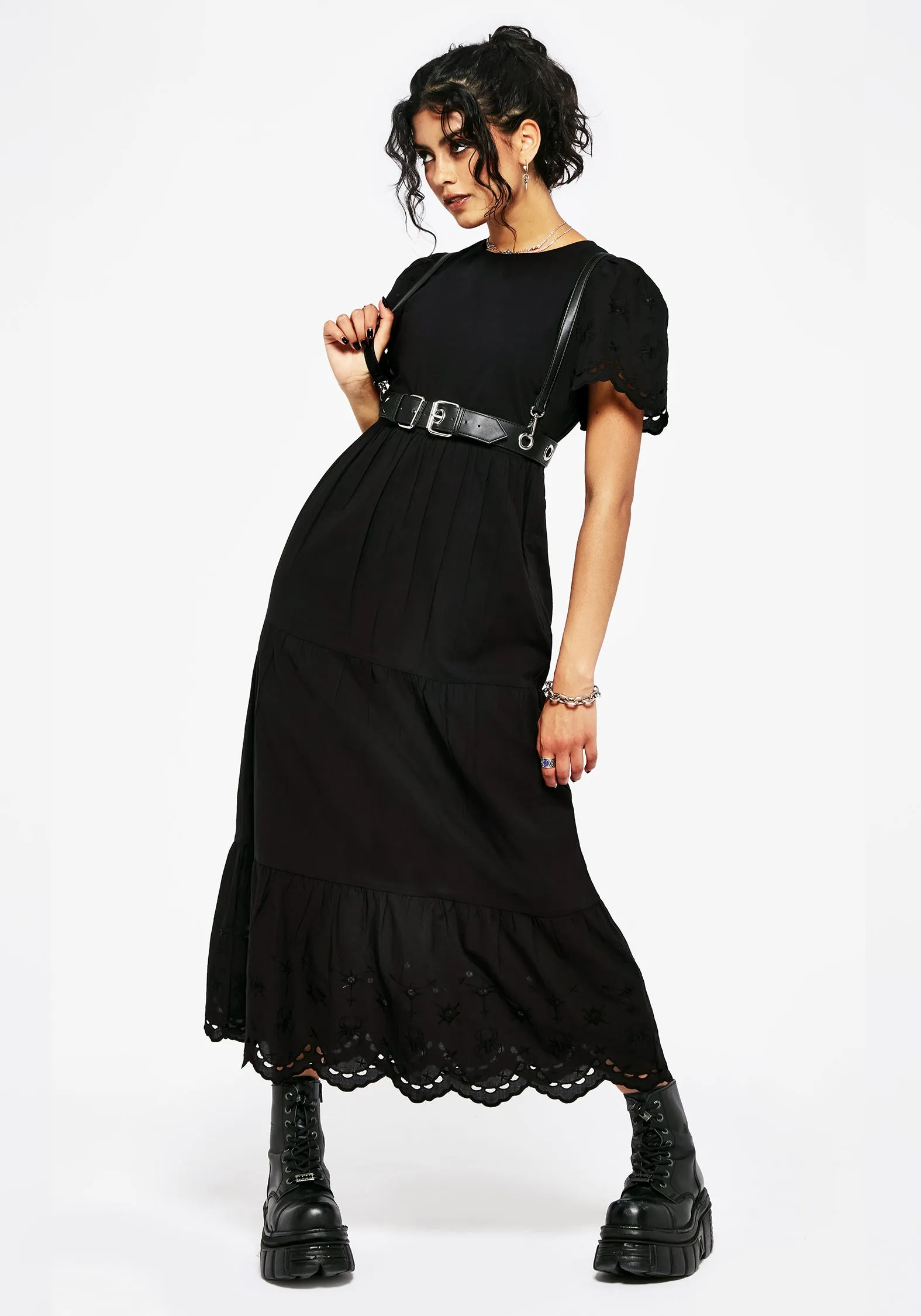 Skin Tone Tiered-Skirt Synthweb Cotton Broderie Hem Midaxi Dress