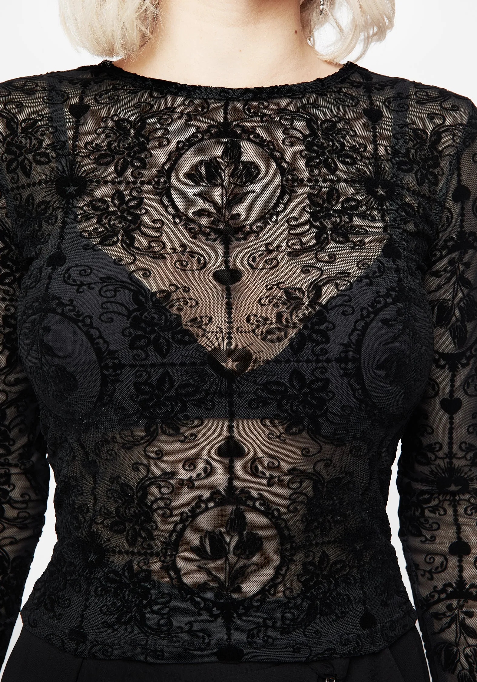 Cameo Floral Flocked Mesh Long Sleeve Top Sustainable Fabric Blend Thermal Insulation Core