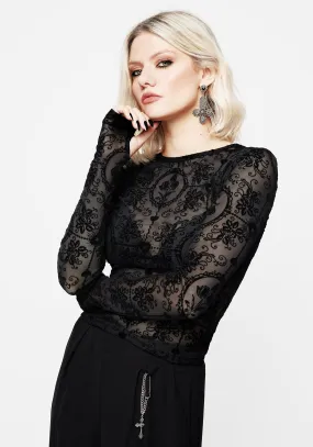 Cameo Floral Flocked Mesh Long Sleeve Top UV Protective Coating