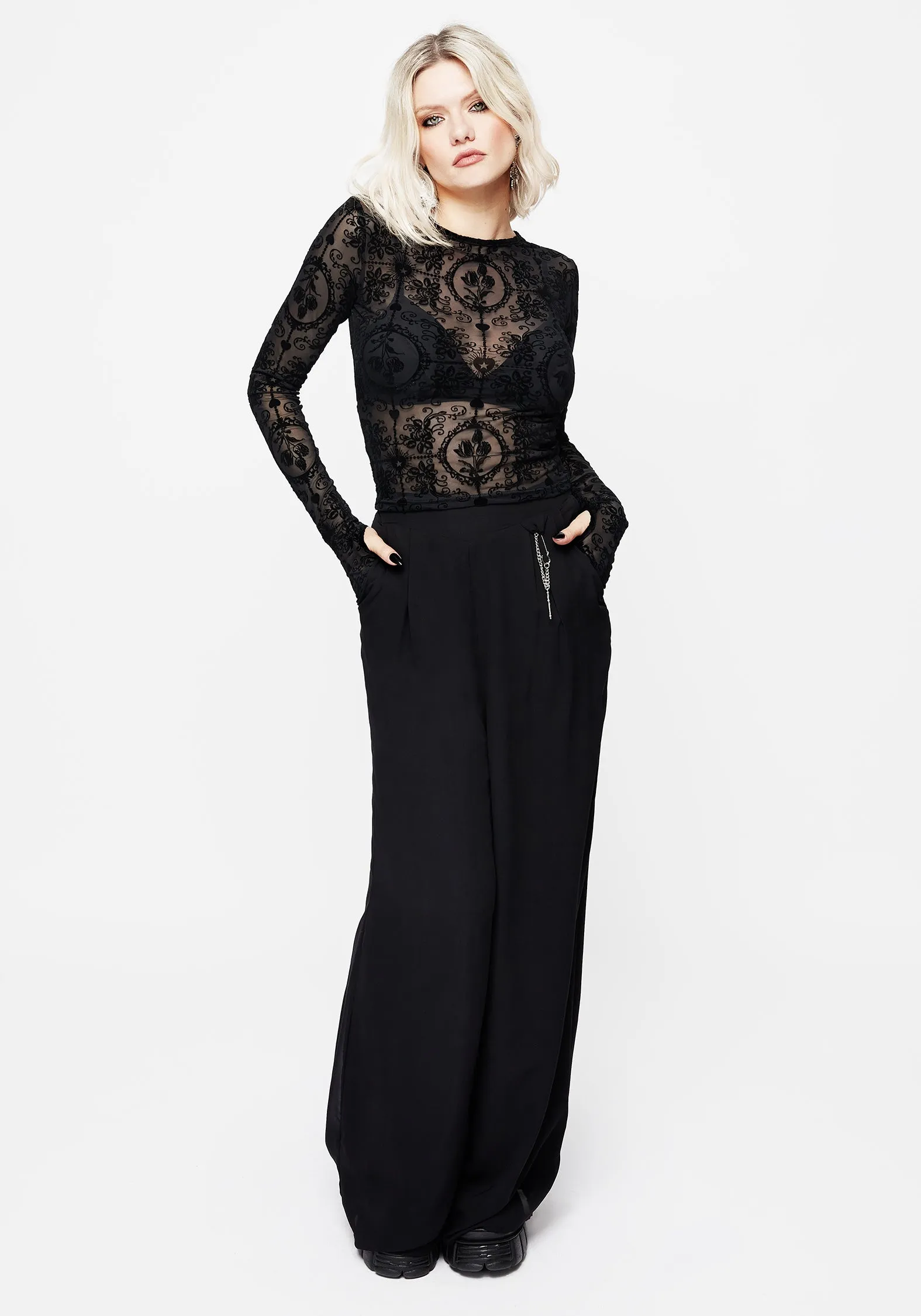 Temperature Control Technology Active Blouse Cameo Floral Flocked Mesh Long Sleeve Top