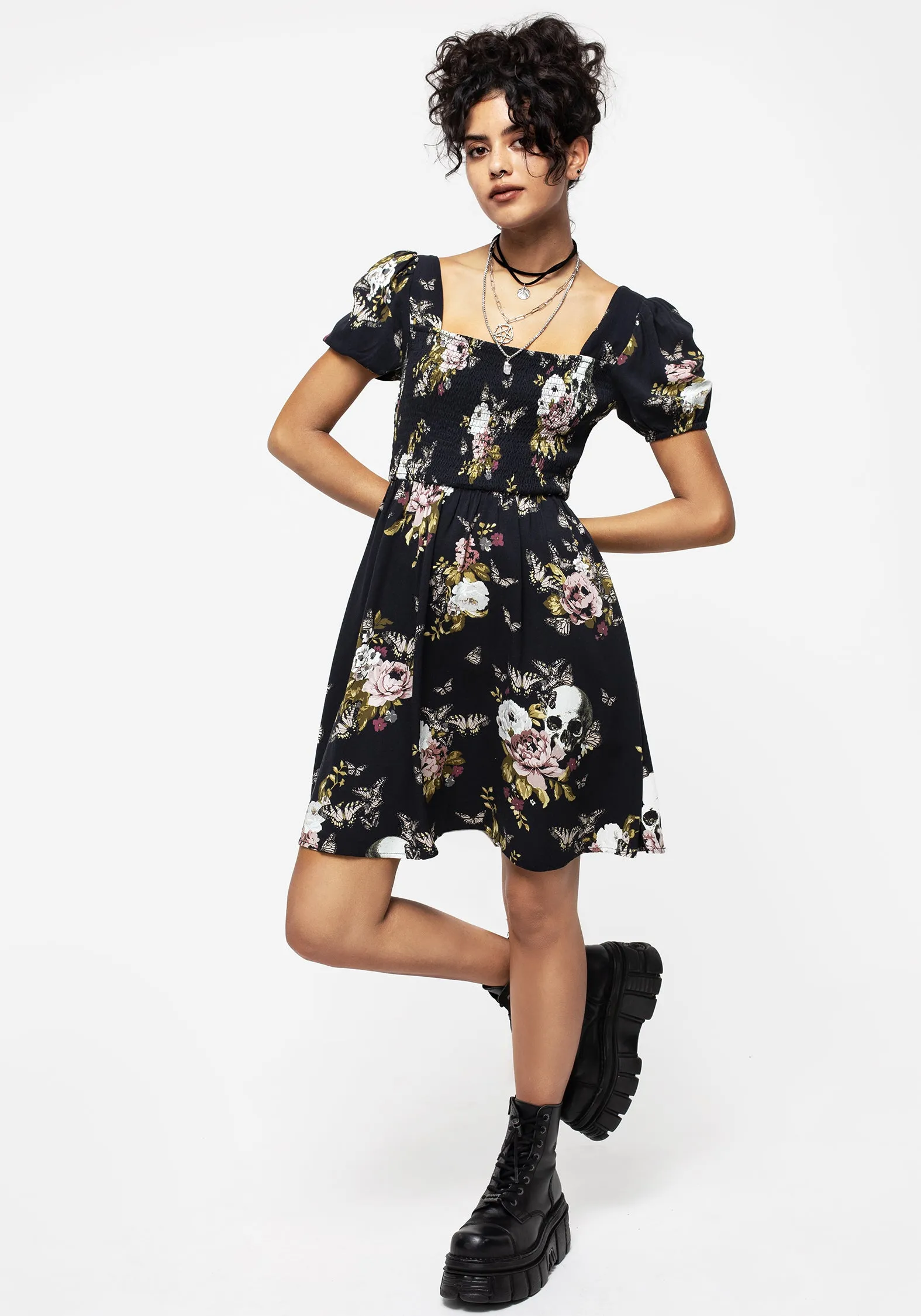 Lightweight Piece All Timewear Revival Floral Puff Sleeve Shirred Mini Dress