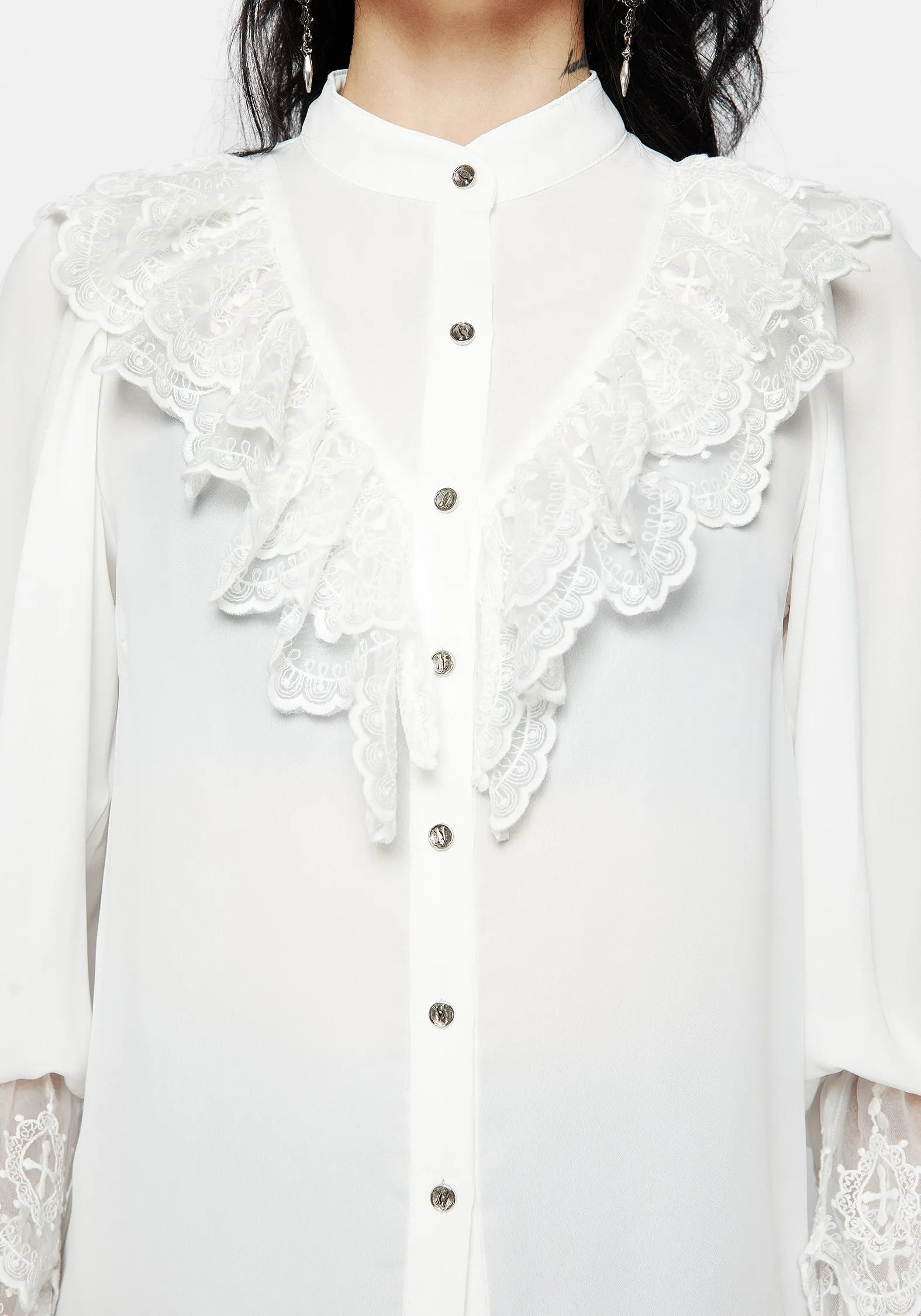 Constance Lace Frill Button Up Blouse Top Thermoregulating Fabric Tailored Silhouette