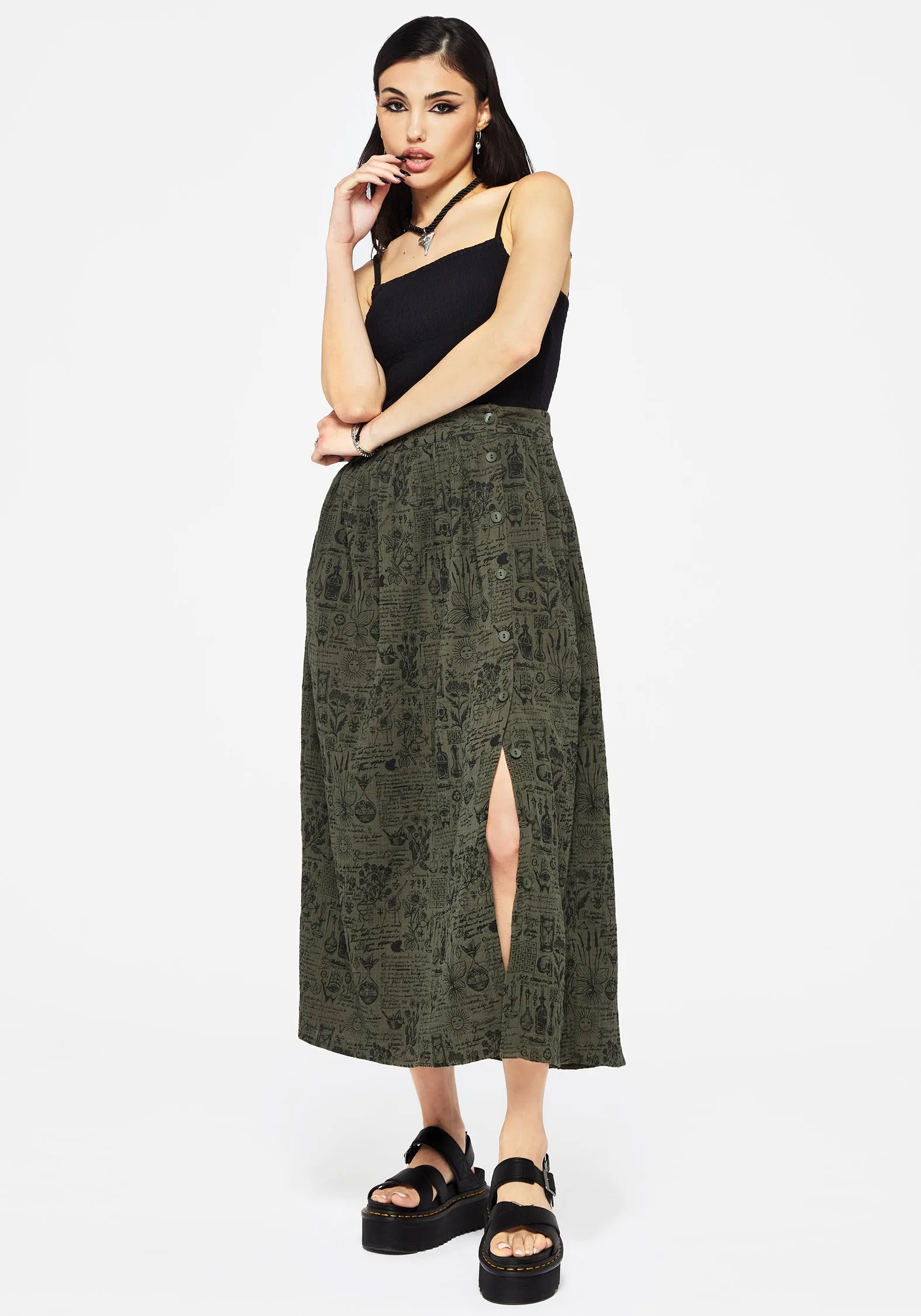 Taddea Cotton Side Button Up Maxi Skirt Street Attire Non see through